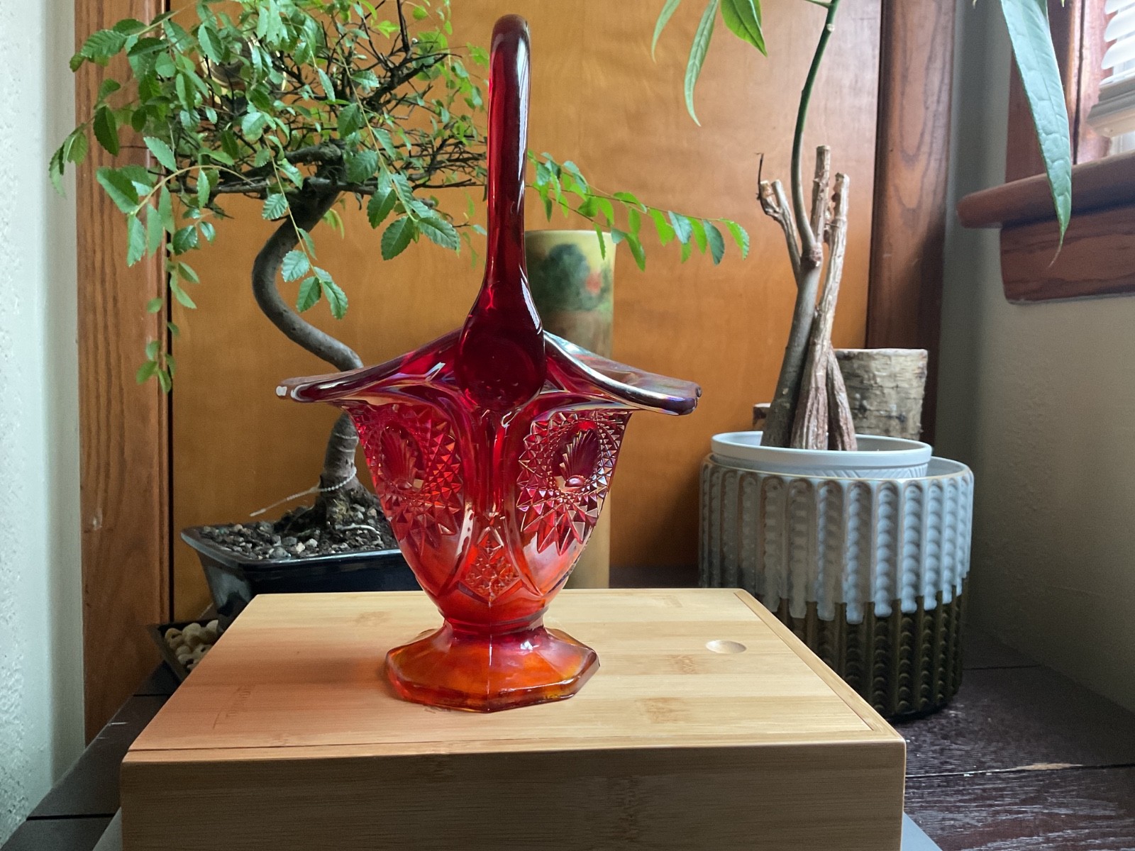 Vintage red Carnival Glass Basket Iridescent 10.5 in