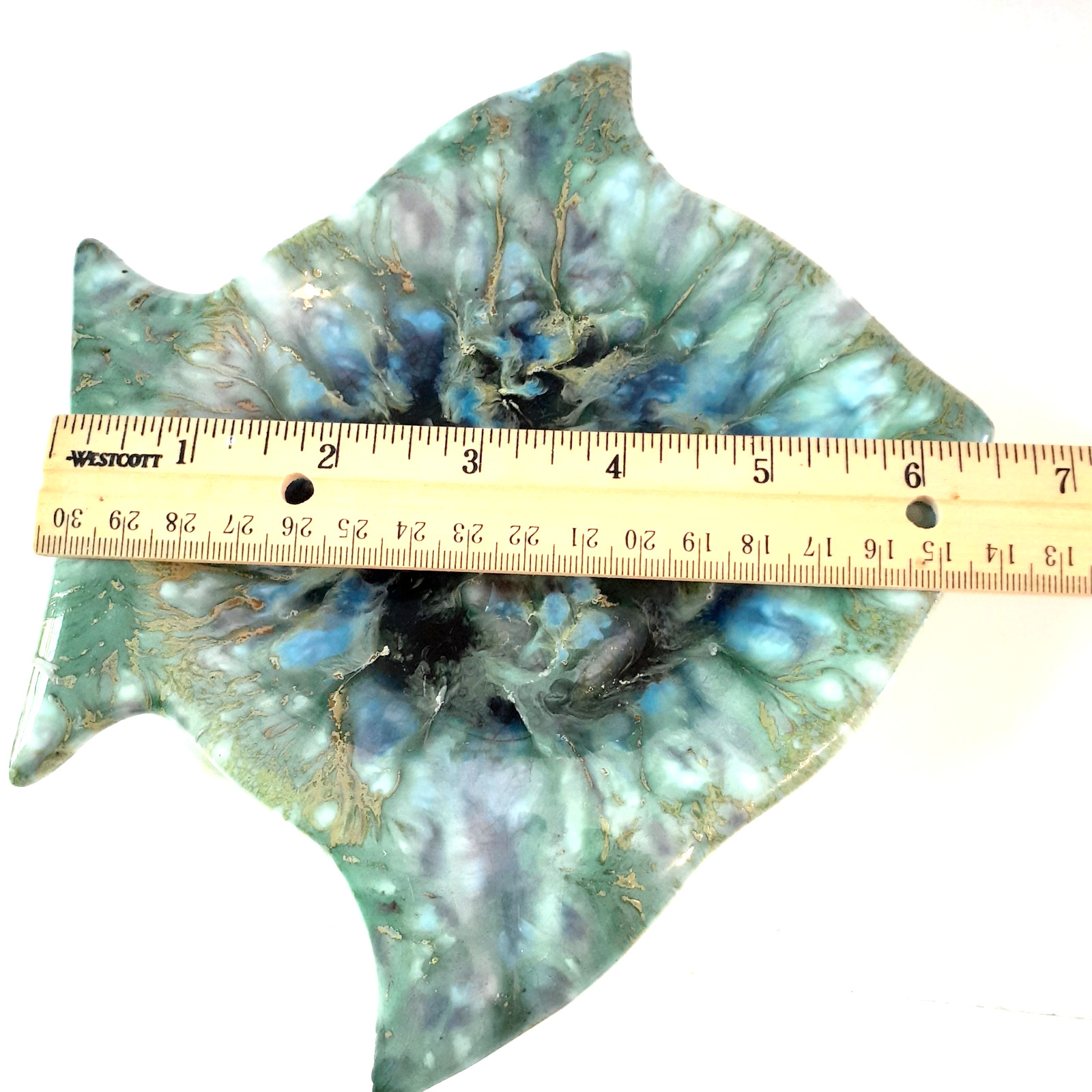Vintage Monterey Jade Handmade Fish Trinket Dish Ashtray Green Gold Blue Pottery