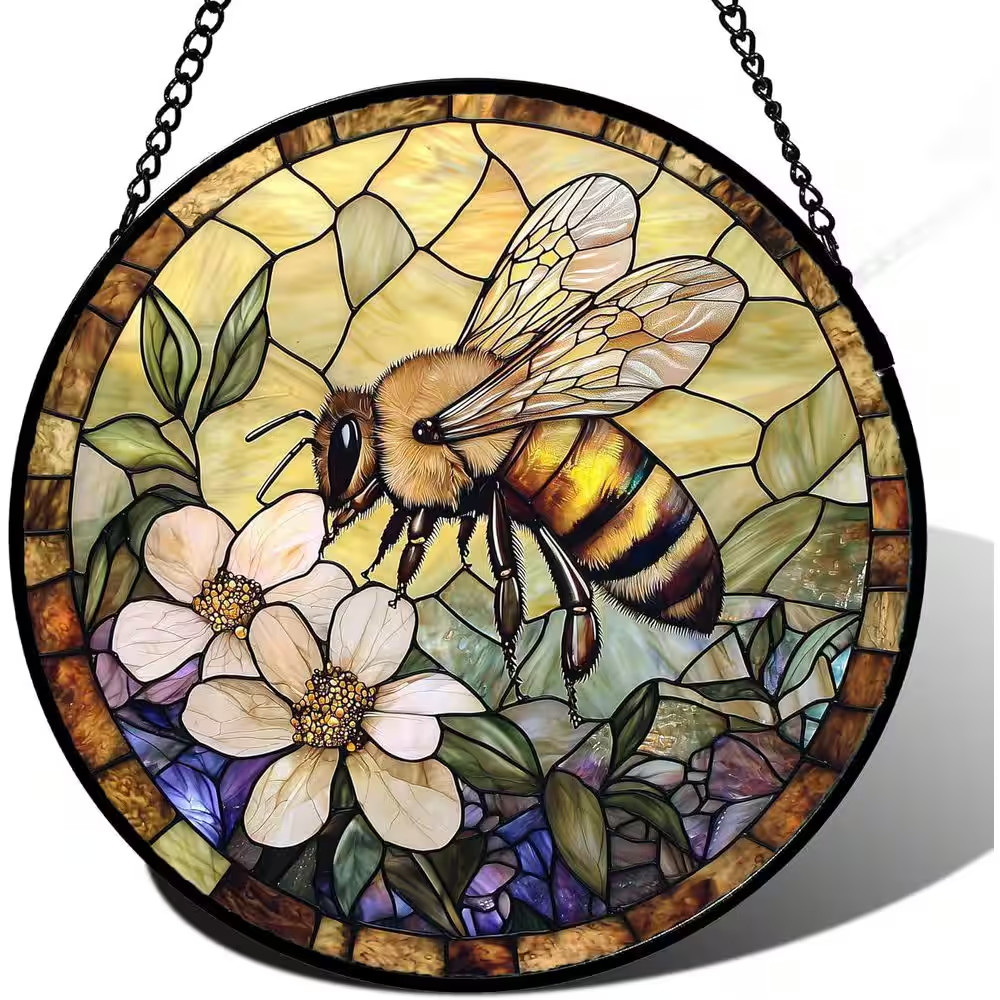 15 X 15 In. Stained Glass Window Hanging, Vintage Bee Yellow Flower Sun Catcher