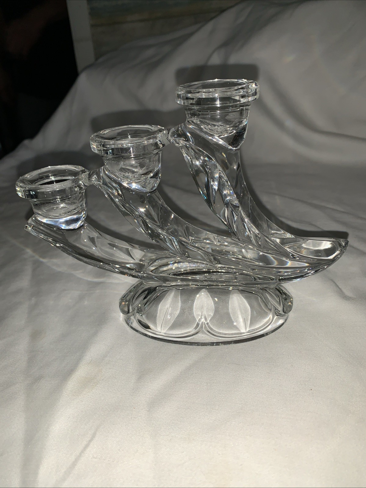 Three Arms Fostoria Crystal Triple Candle Holder 7 1/4″ Long 5 1/4 ” Tall