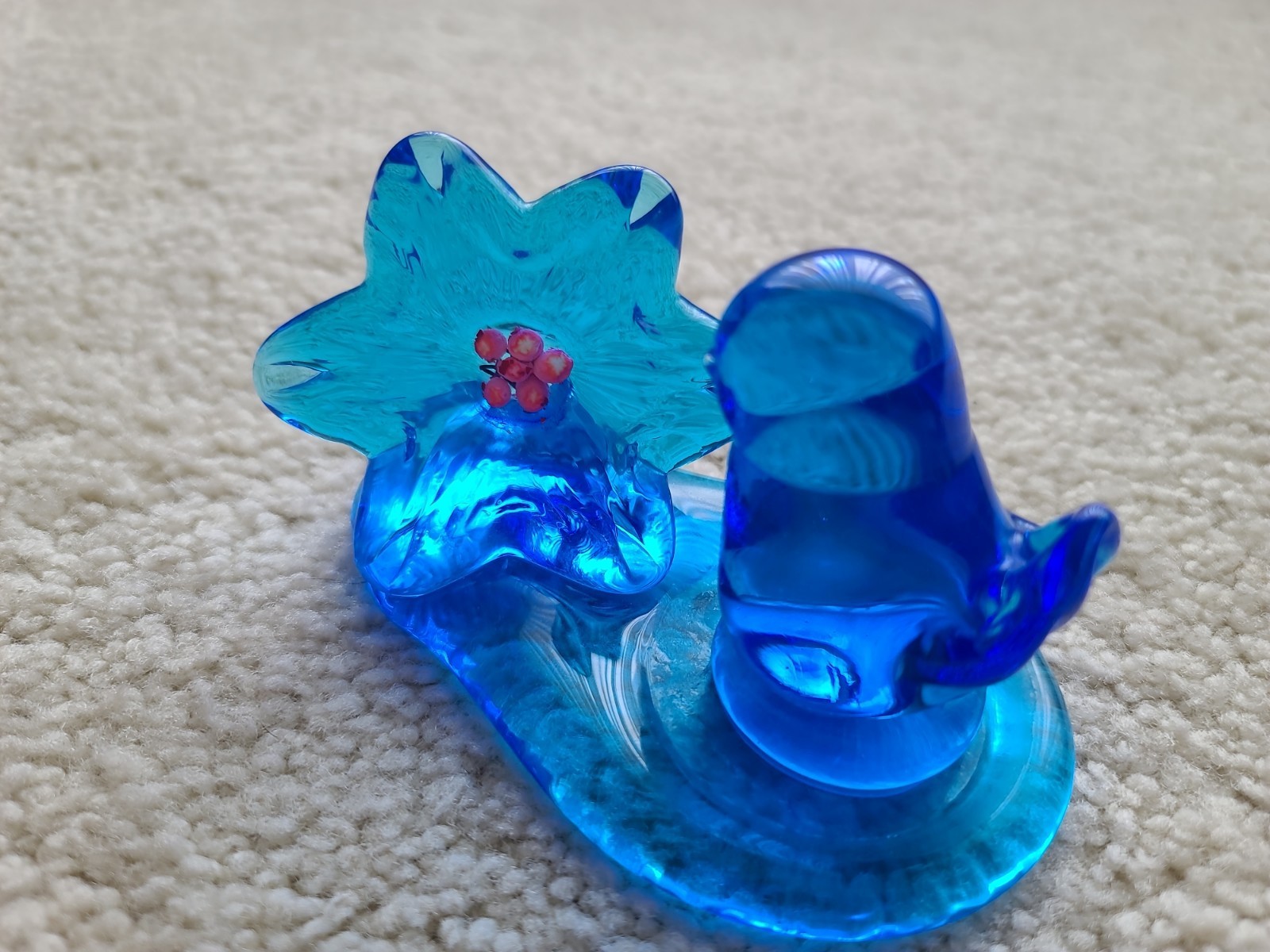 RARE Blue Bird of Happiness with Blue Flowers Inside Pink Signed Leo Ward 1994
