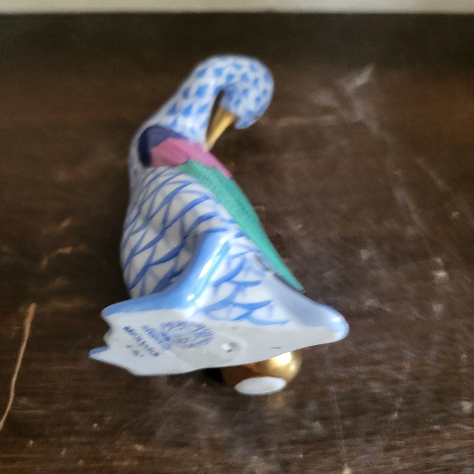 Vintage Herend Hungary Porcelain Fishnet Figurine Goose With Golden Egg Blue