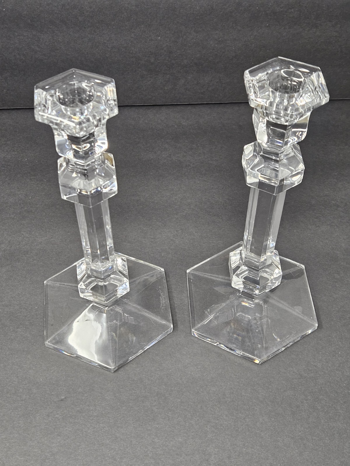 Pair of Vintage Val St. Lambert Gardenia Candlesticks w Acid-Etched Logo 9 3/8”