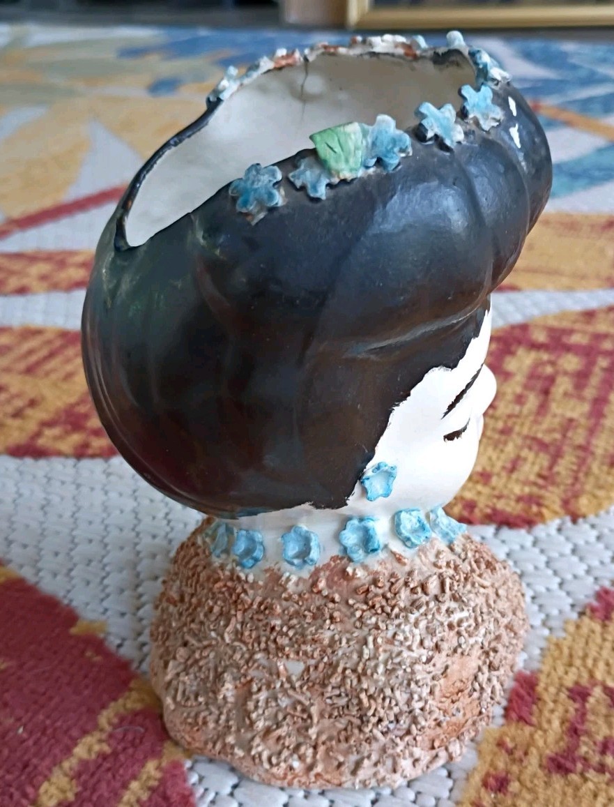 VTG 1950s Glamour Girl Lady Head Vase Black Hair Blue Earrings Necklace Japan