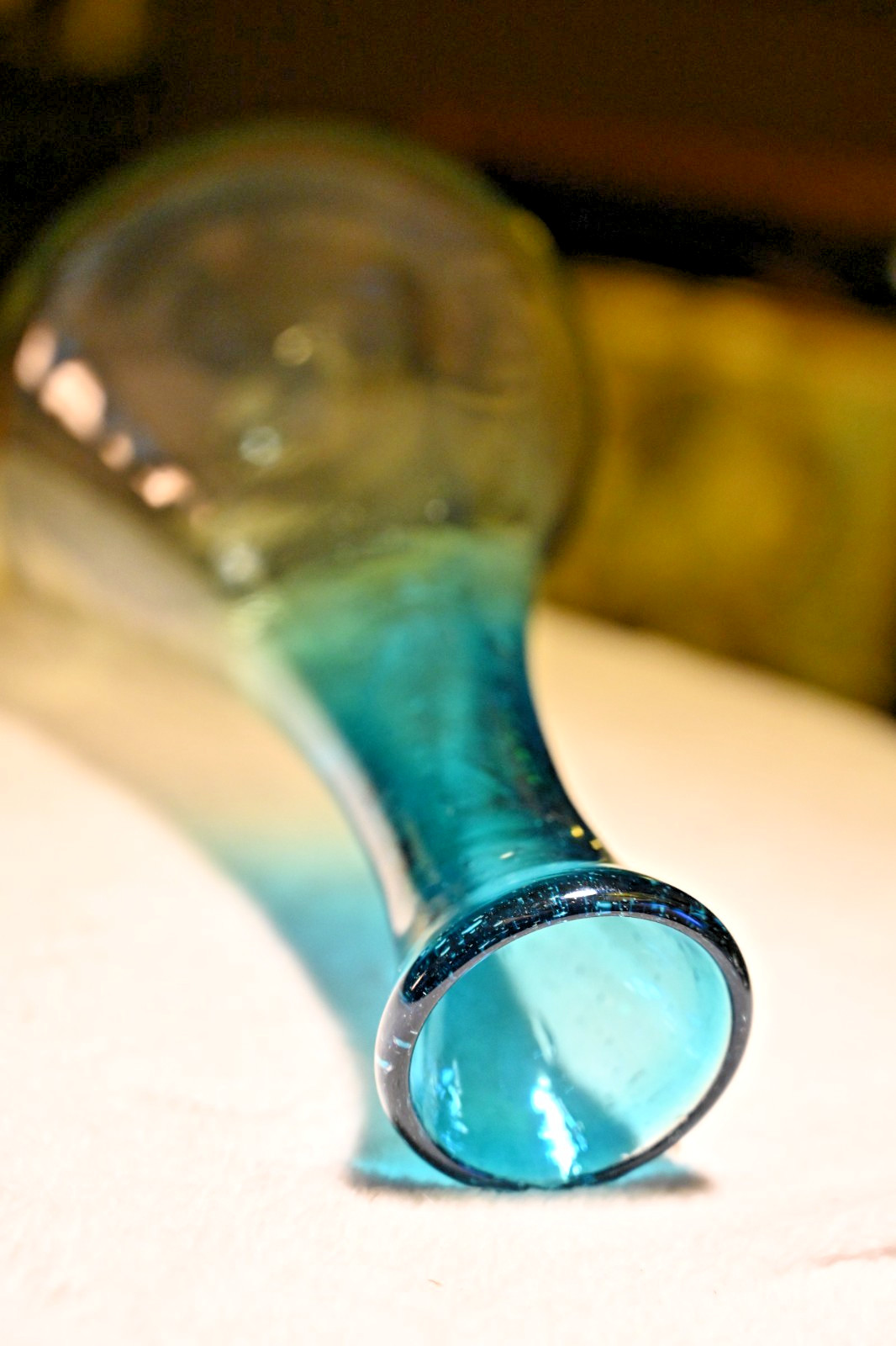 Hand Blown Art Glass Vase Aqua Blue Clear Ombre Bubble Pontil Mid Century Style
