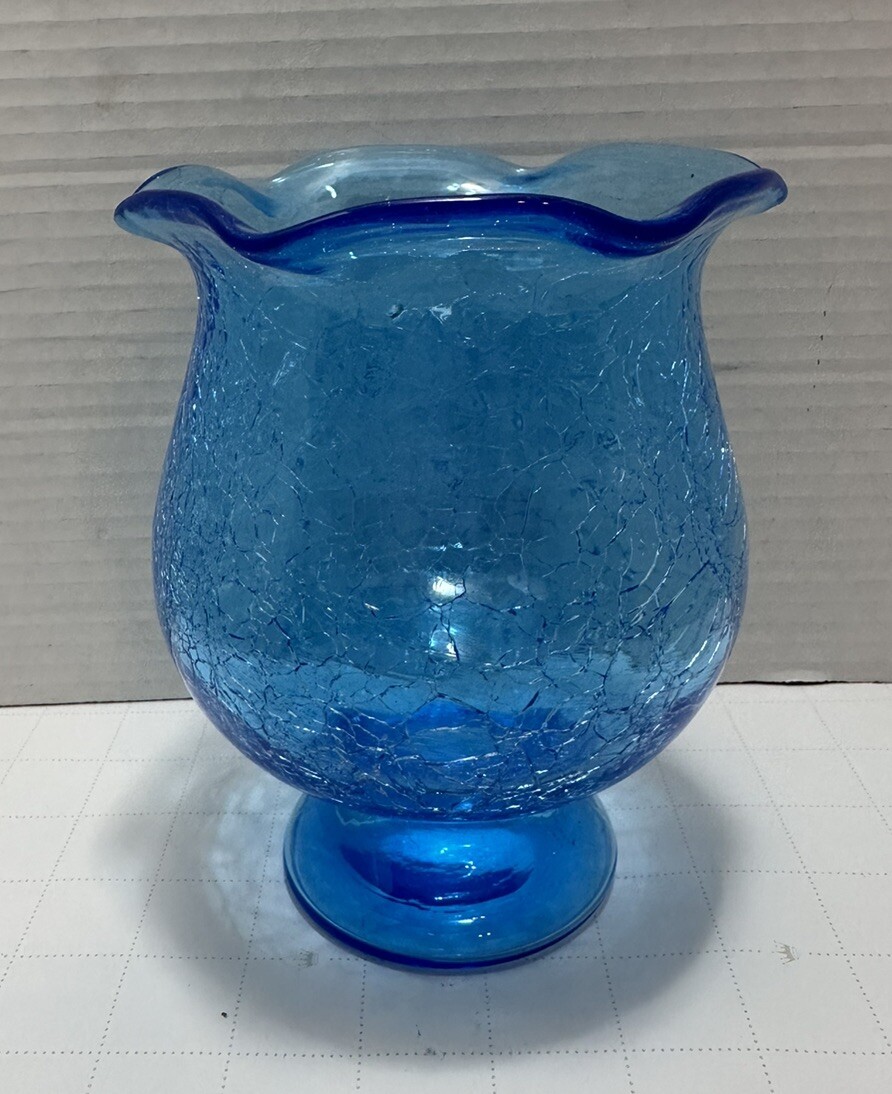 Vintage Mold Blown Crackle Aqua Blue Glass Vase Candle Holder Ruffled