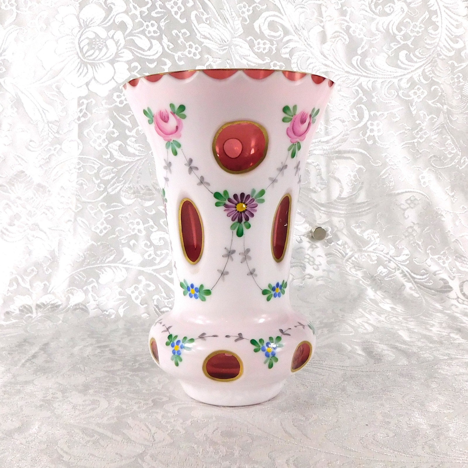 Small White Over Pink Glass Cut to Clear Vase # 27281
