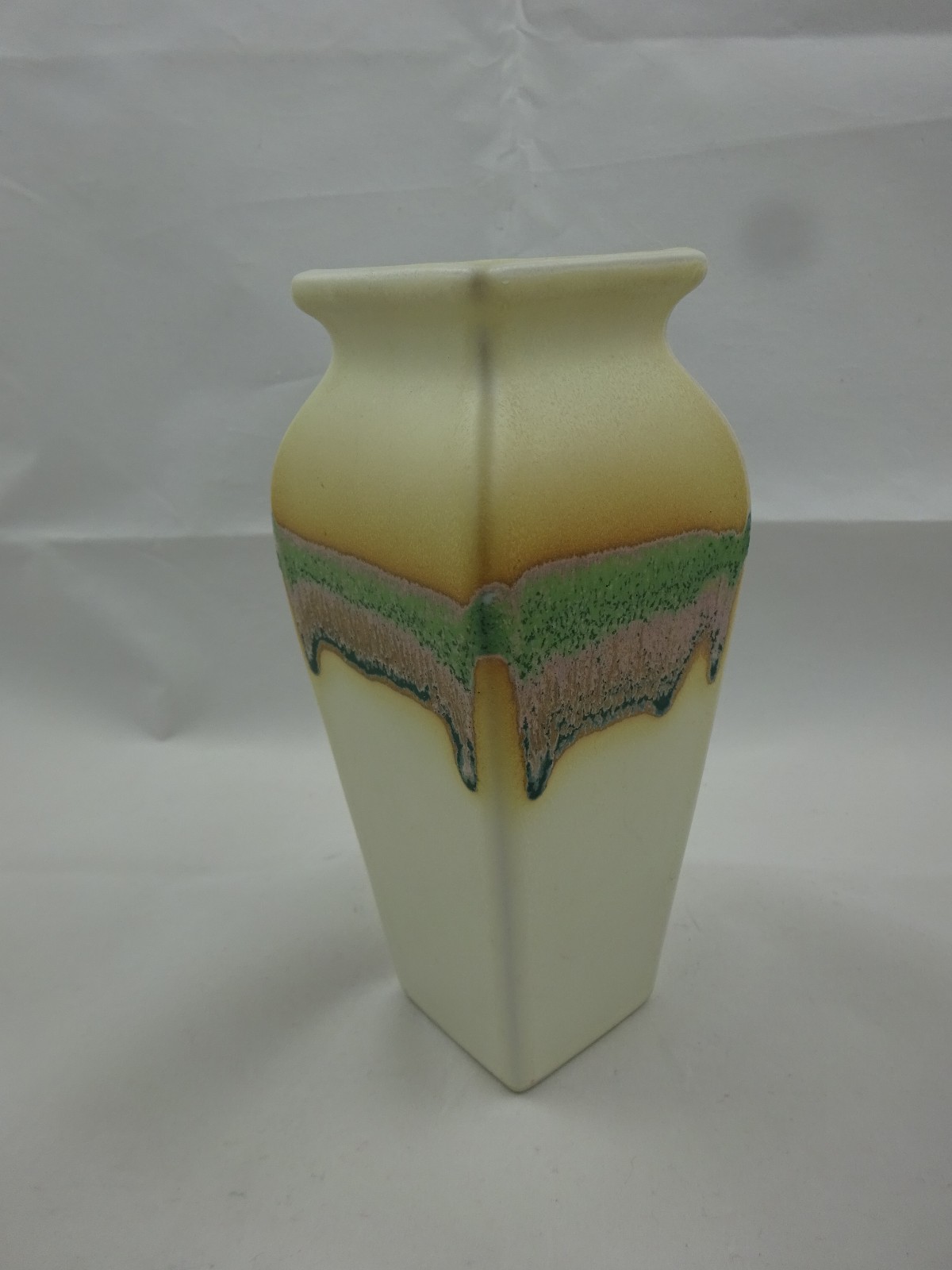 San Pacific San Francisco Drip Glaze Pottery Vase ~ 7″ Tall ~ Tan Green Pink