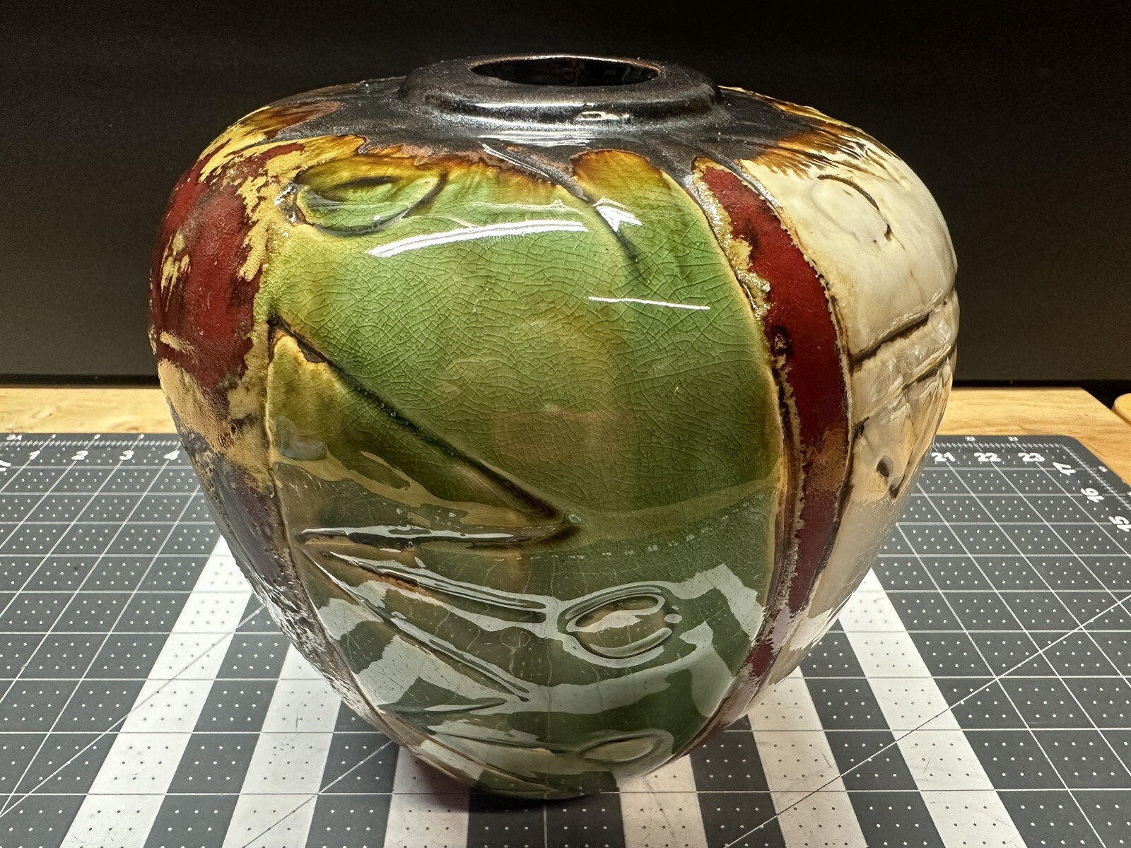 Abstract Art Pottery Glazed Vase Etched Primitive Design Textured Vessel