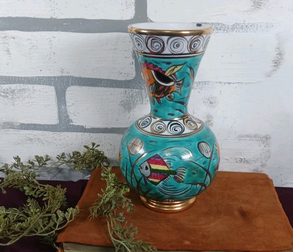 Fish Underwater Vase Handmade Greece Pottery Turquoise Shows Ware Inside Rim