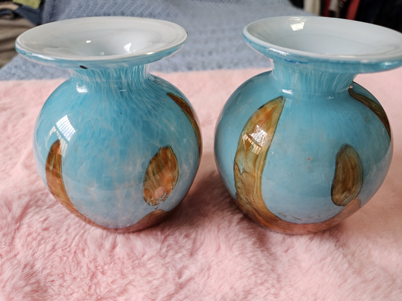 2-Hand Blown Art Glass Vase Multi Color Teal/blue & Amber