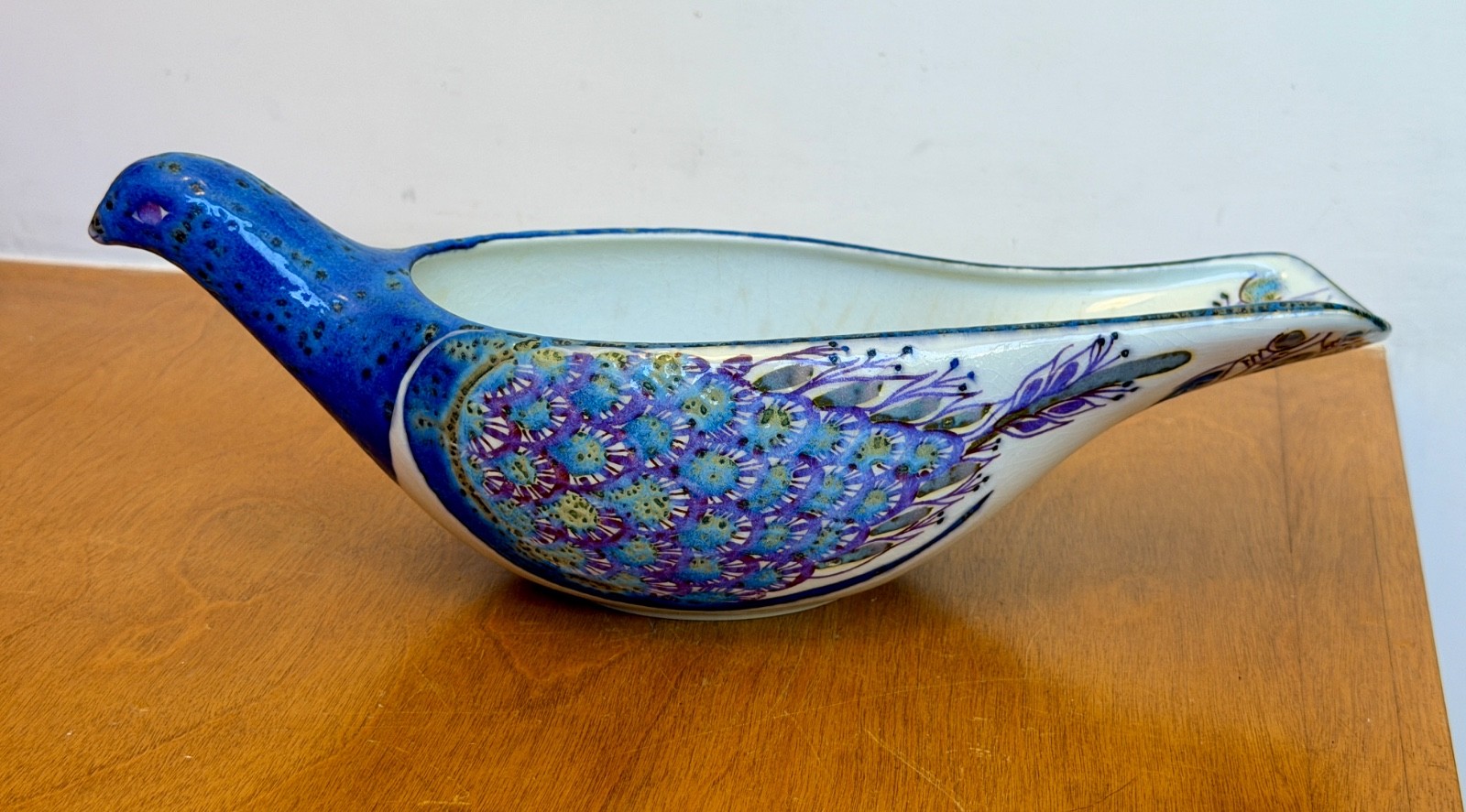 Royal Copenhagen Denmark Danish Art Pottery Bird Peacock Sculpture Bowl Vtg Mcm
