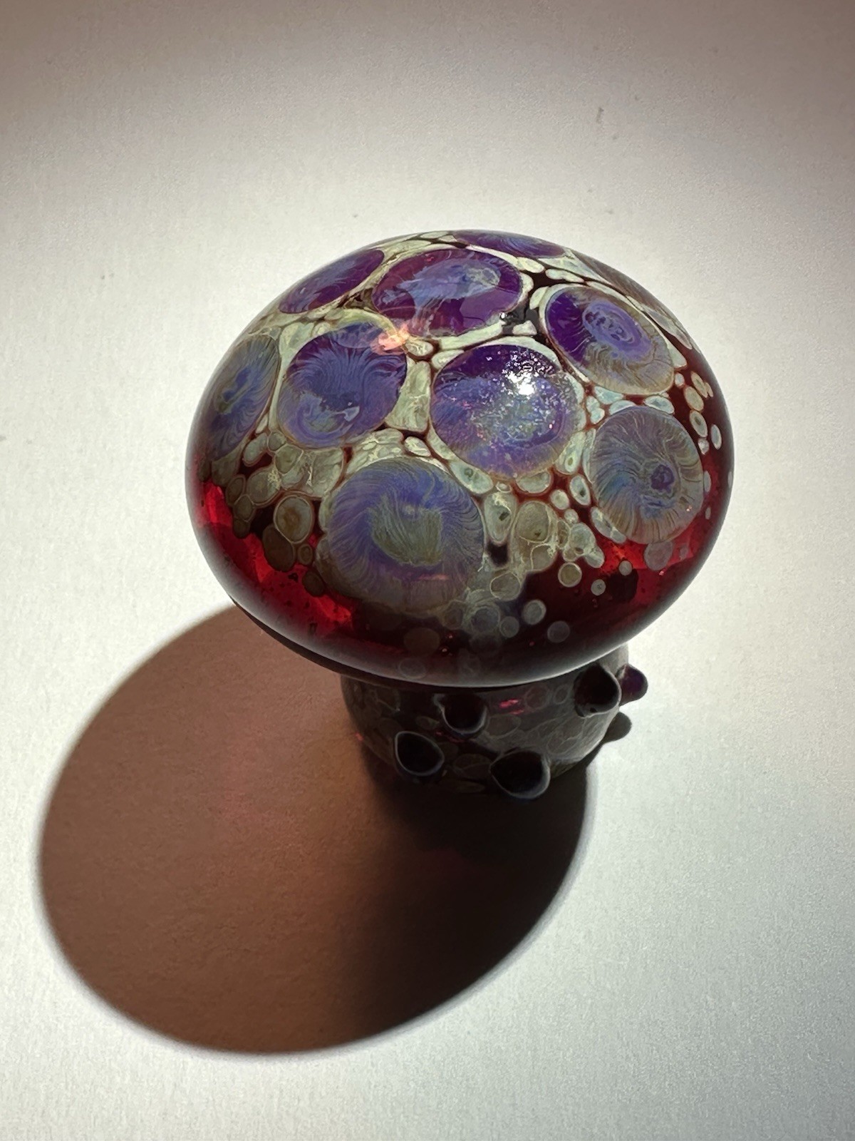 Hand Blown Art Glass Mushroom Figurine Red Purple Abstract Nature Decorative