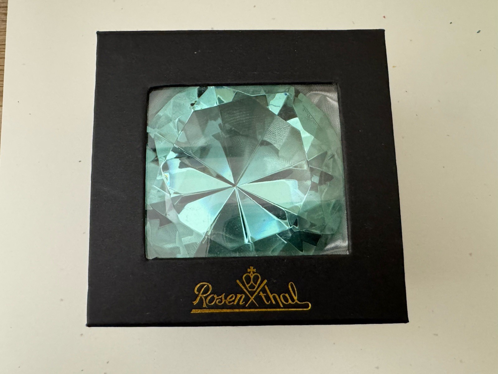 Rosenthal Crystal Paperweight Diamond Cut Faceted Turquoise In Box