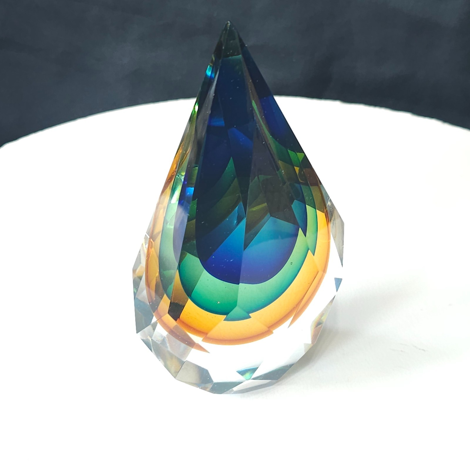 Murano Glass Faceted Teardrop Paperweight 6” Blue Peacock Tones Vintage