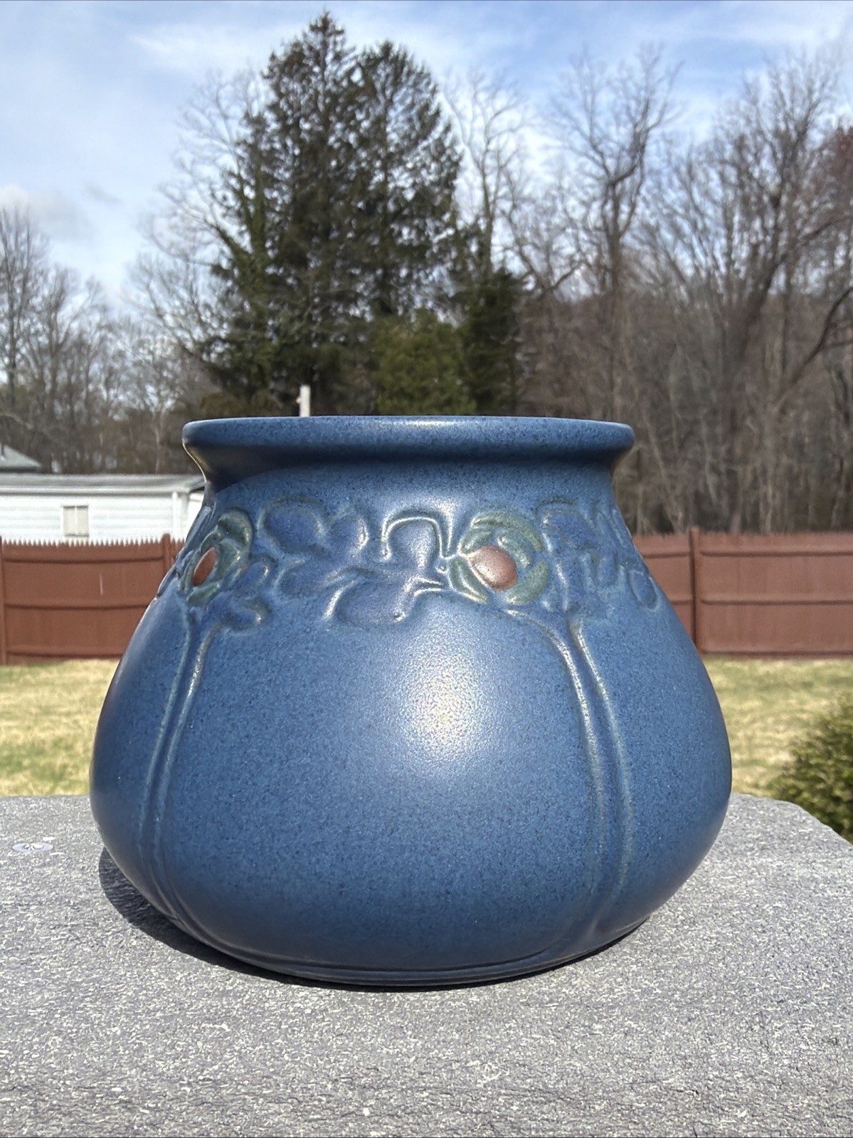 MARBLEHEAD POTTERY ARTS & CRAFTS BLUE VASE WITH BERRIES & FRUITING TREES