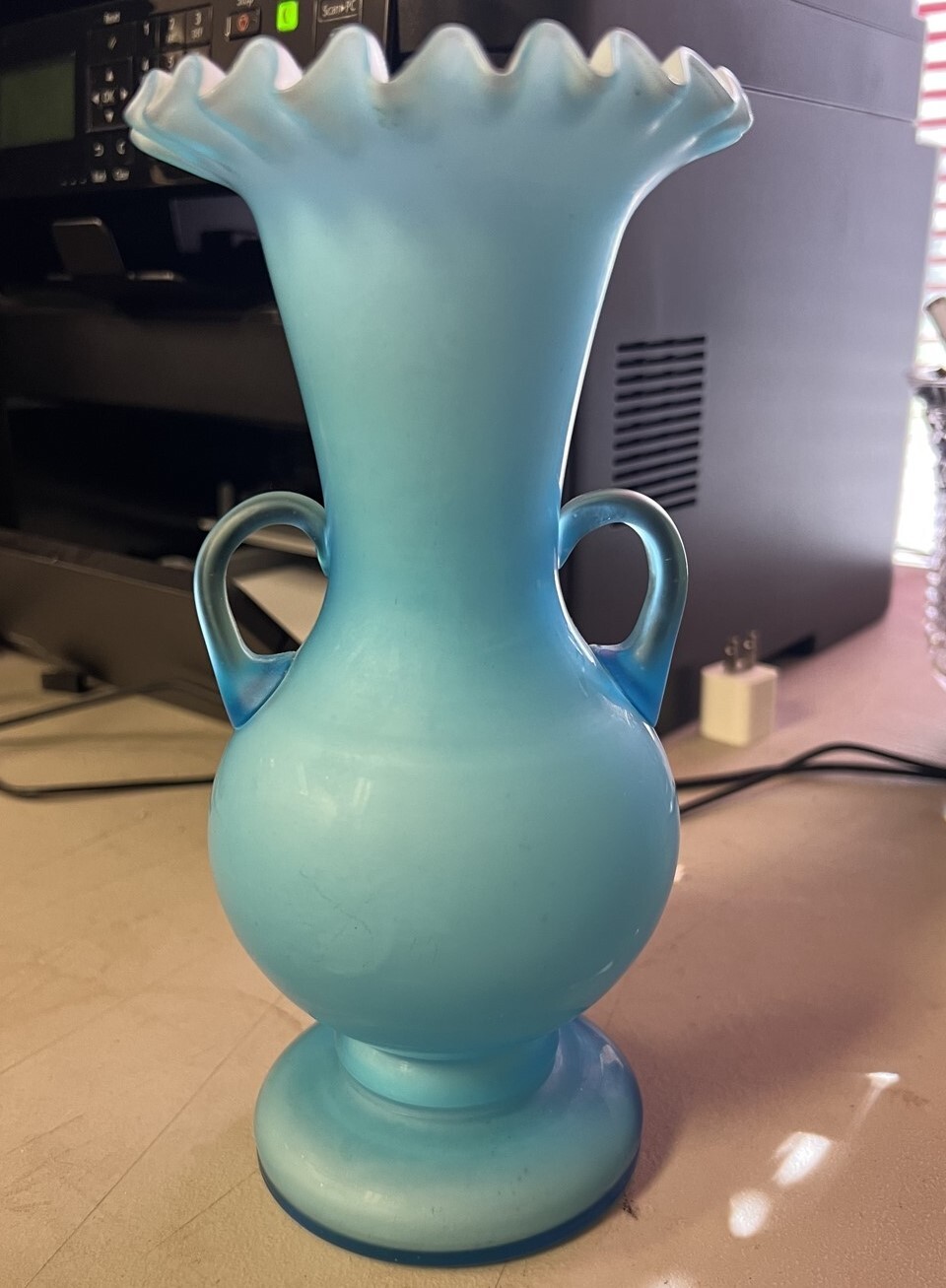 Lovely Hand Blown 8-1/2″ Satin Glass Blue Vase w/ Ruffled Top