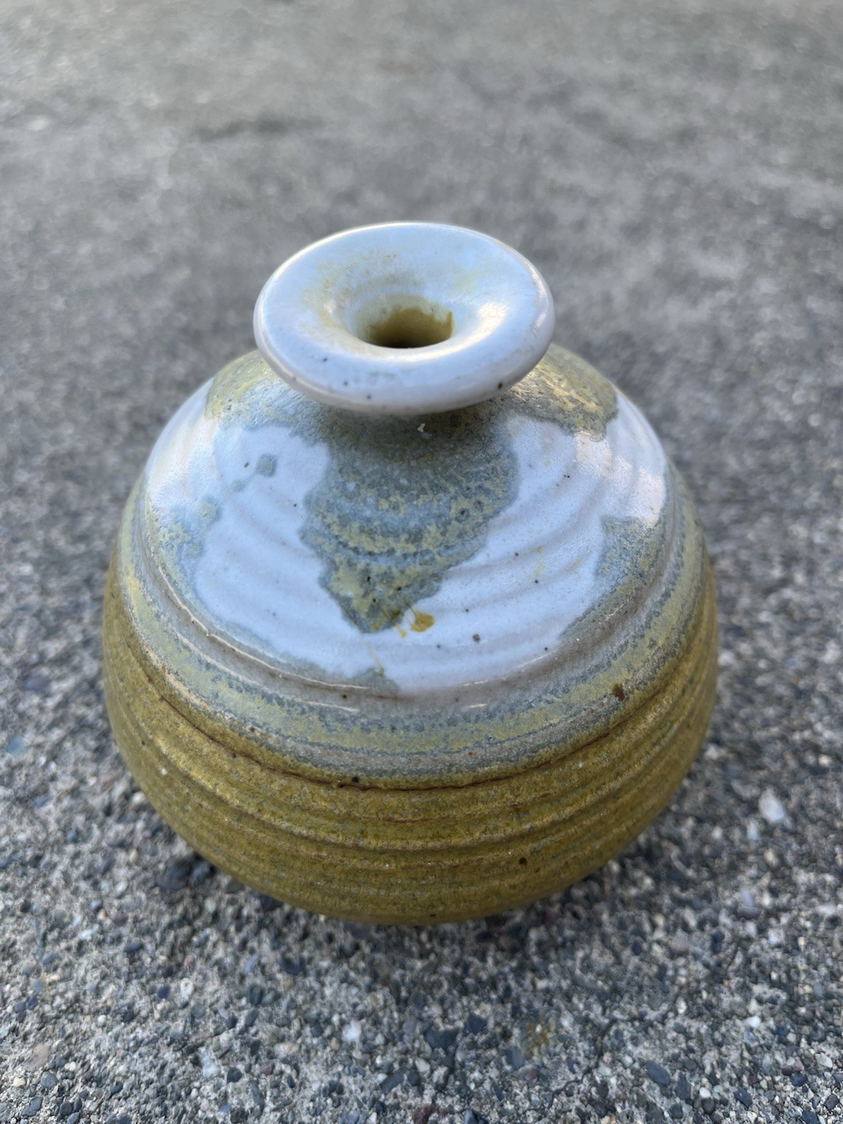Vintage Pottery Green White Bud Vase 3.50″H 3.50”D Signed