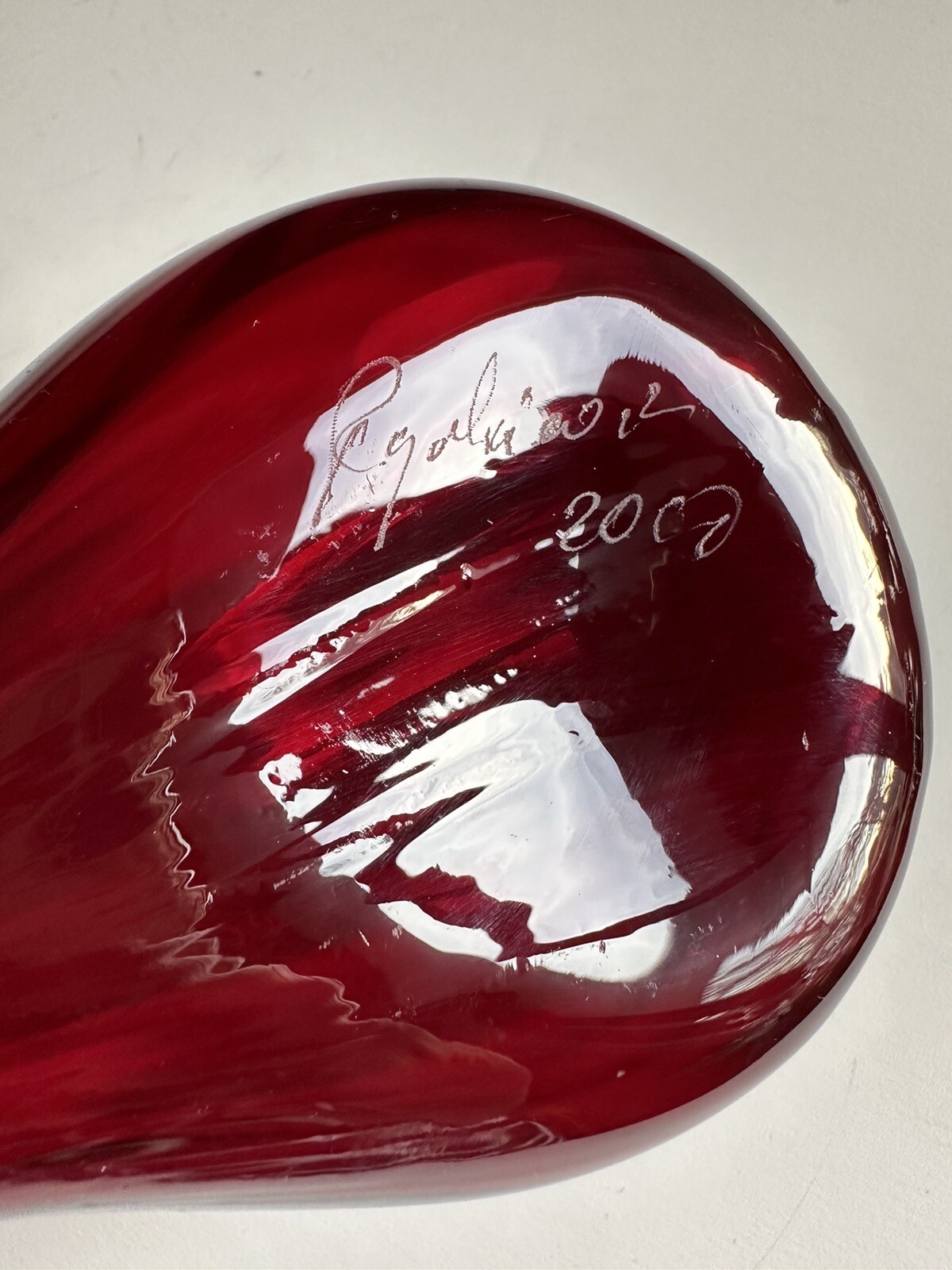 Hand Blown Art Glass Red Gourd Squash Coiled Stem Artist Signed Harvest