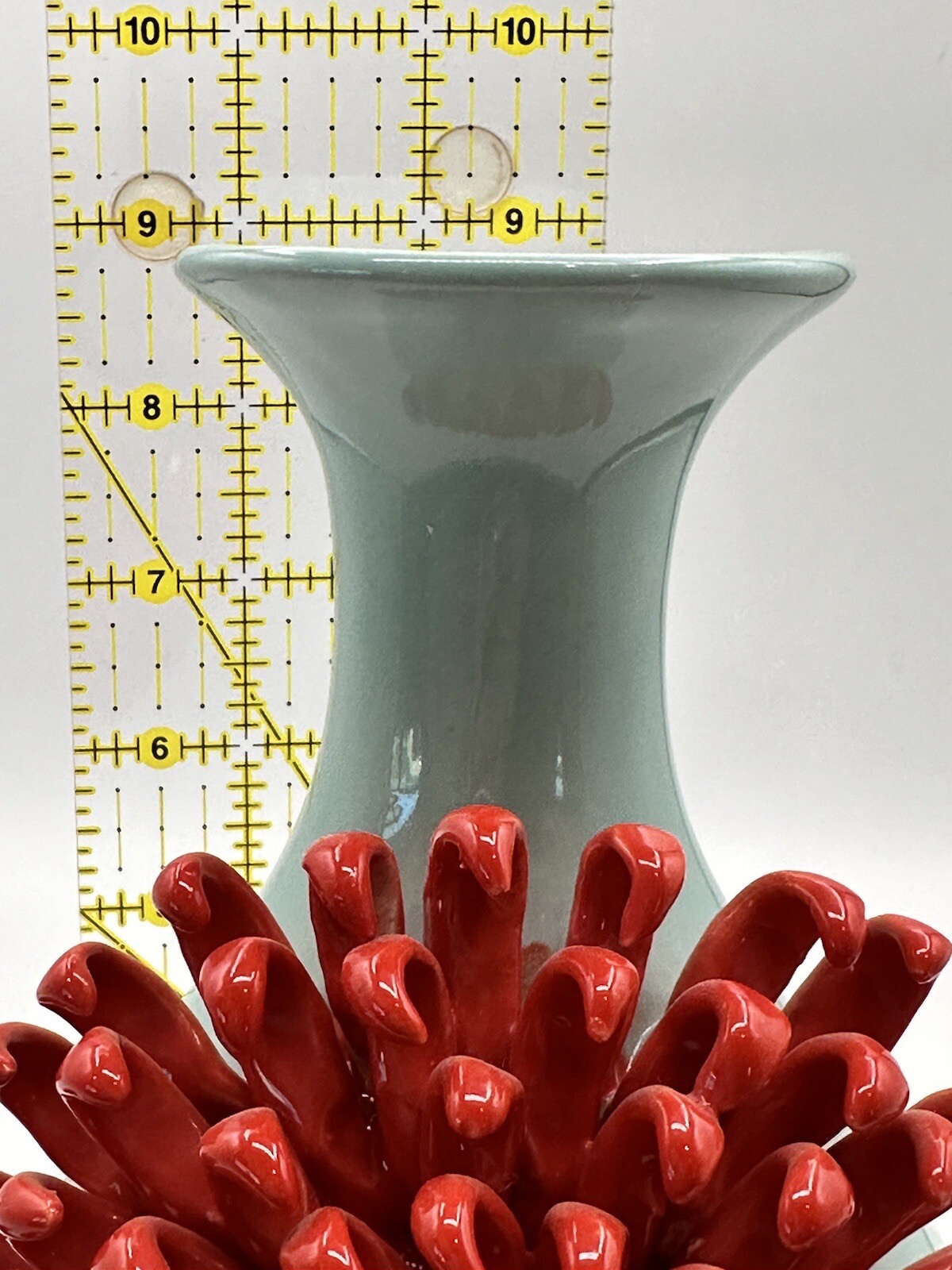 Celadon Glaze Vase By Anthropologie With Large International Orange Dahlia