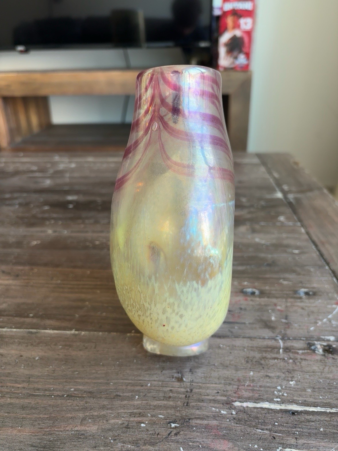 Steven Correia 1984 Signed Iridescent Pulled Feather Art Glass Vase 8”
