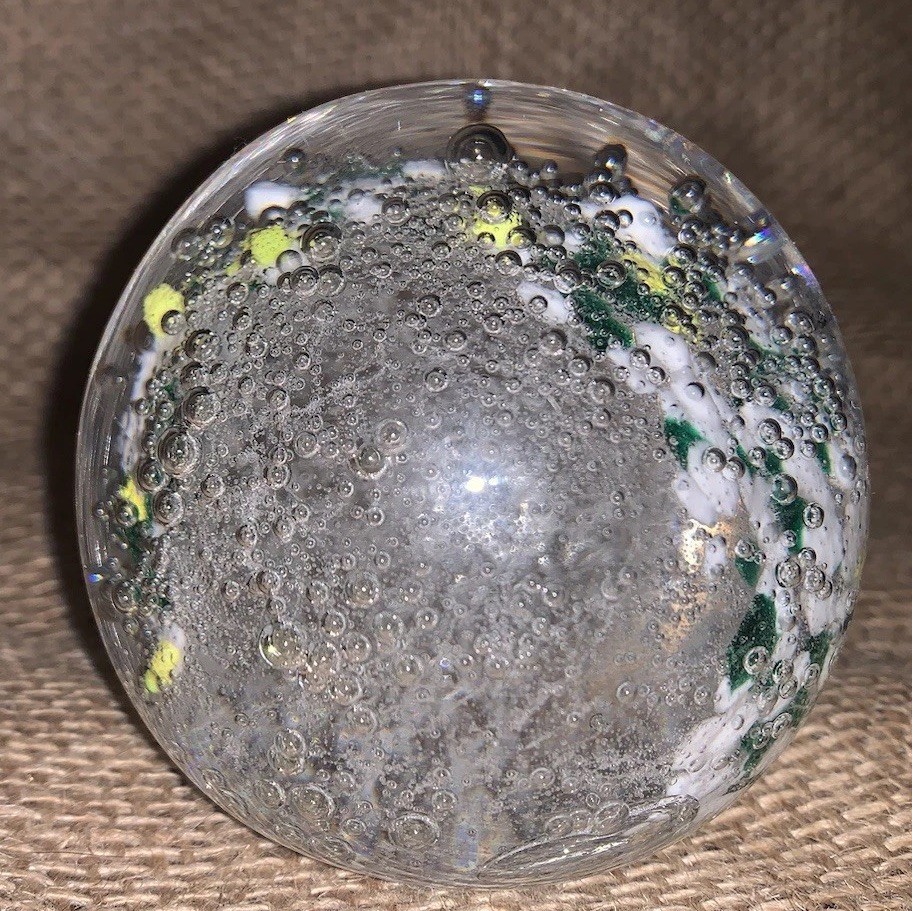 VTG Blown Glass CONTROLLED BUBBLES paperweight Yellow Green White Clear 2.75”Dia