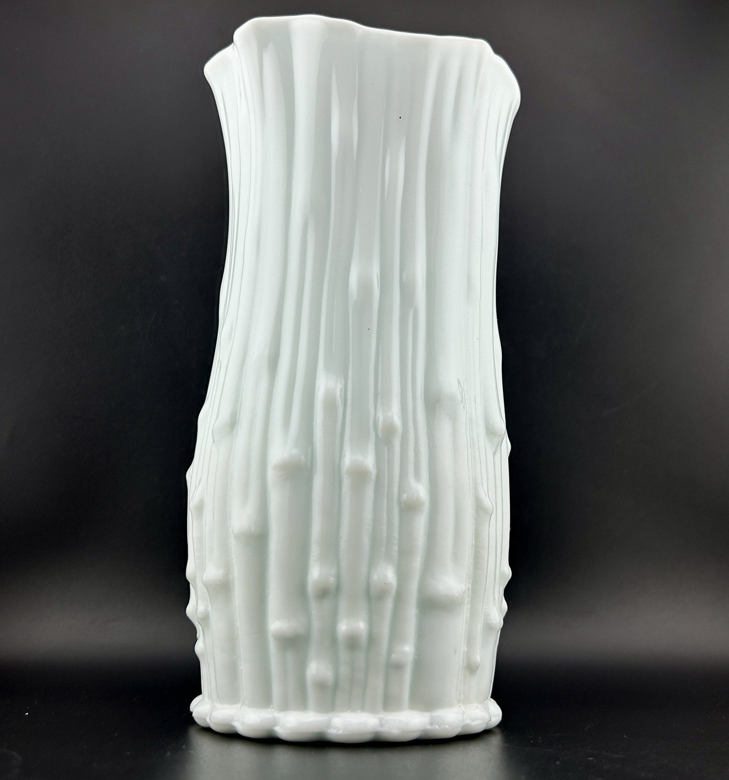 Italian Milk Glass Bamboo Vase Scalloped Rim 8″ Icy Blue Tint 60s VTG