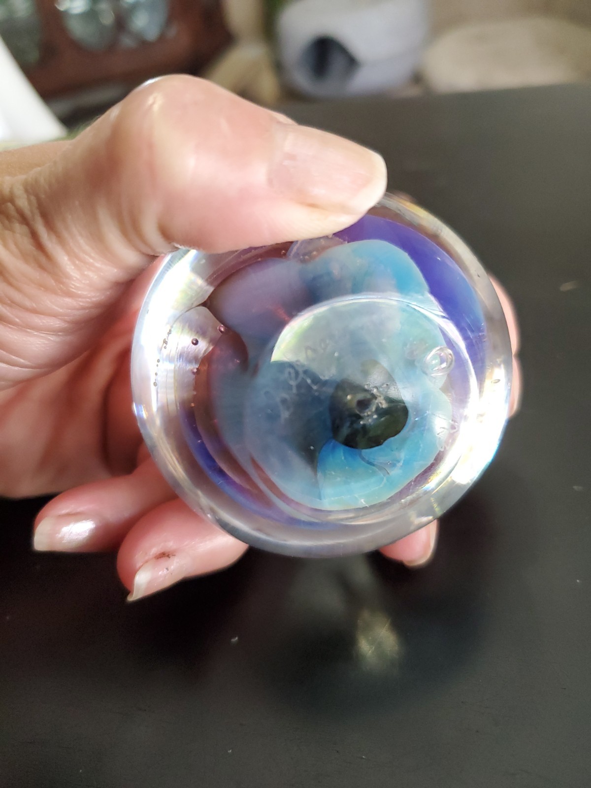 Vintage Seegers Fein Art Glass Small Blue Green Abstract Paperweight Signed 1993