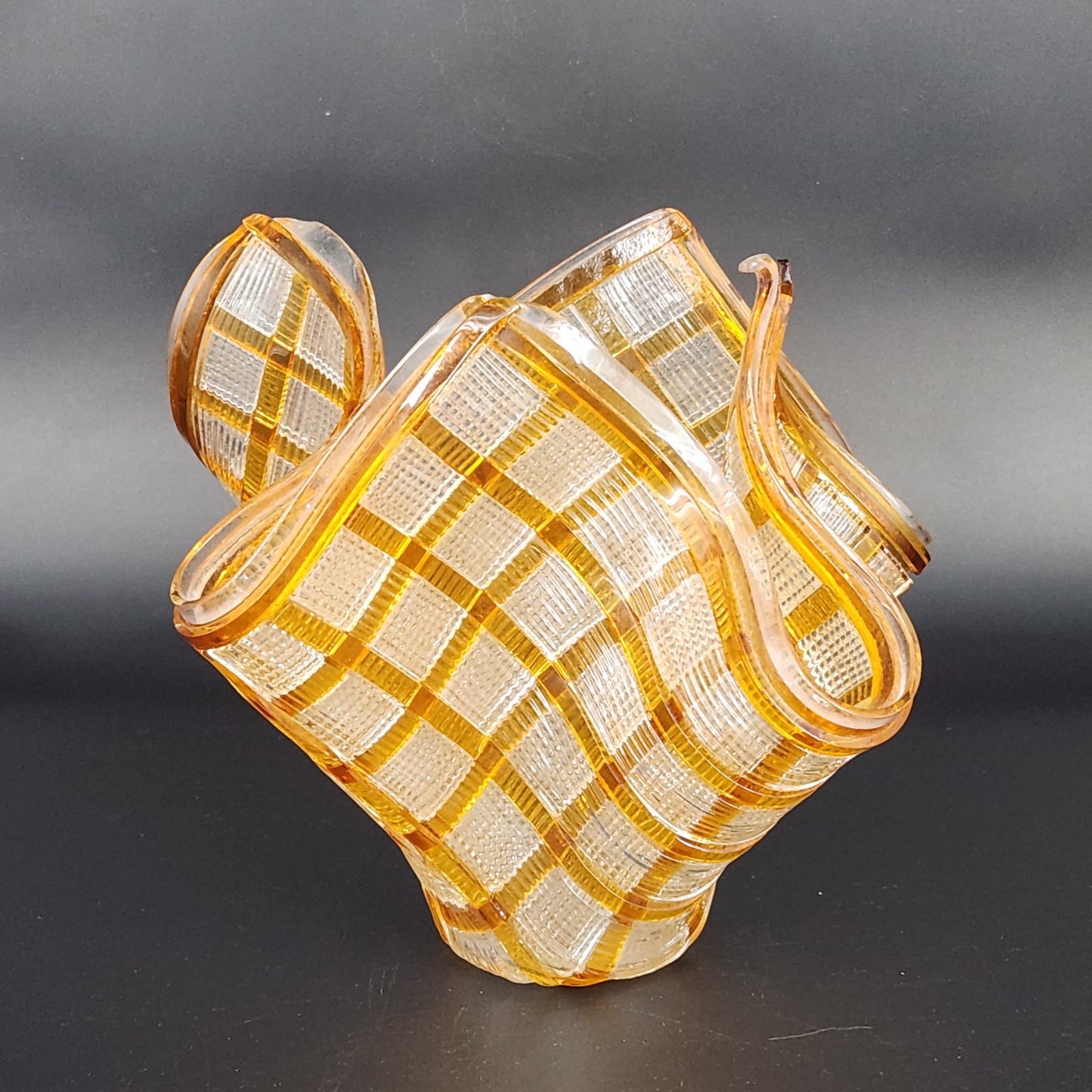 Signed Fused Art Glass Vase Sculpture Orange Clear Textured Checkerboard 2014