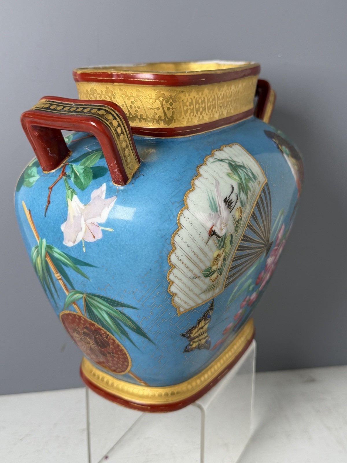 Fab 19th Ctry Porc Birds & Fans Satsuma Style Vase Blue Red & Gold Raised Mark