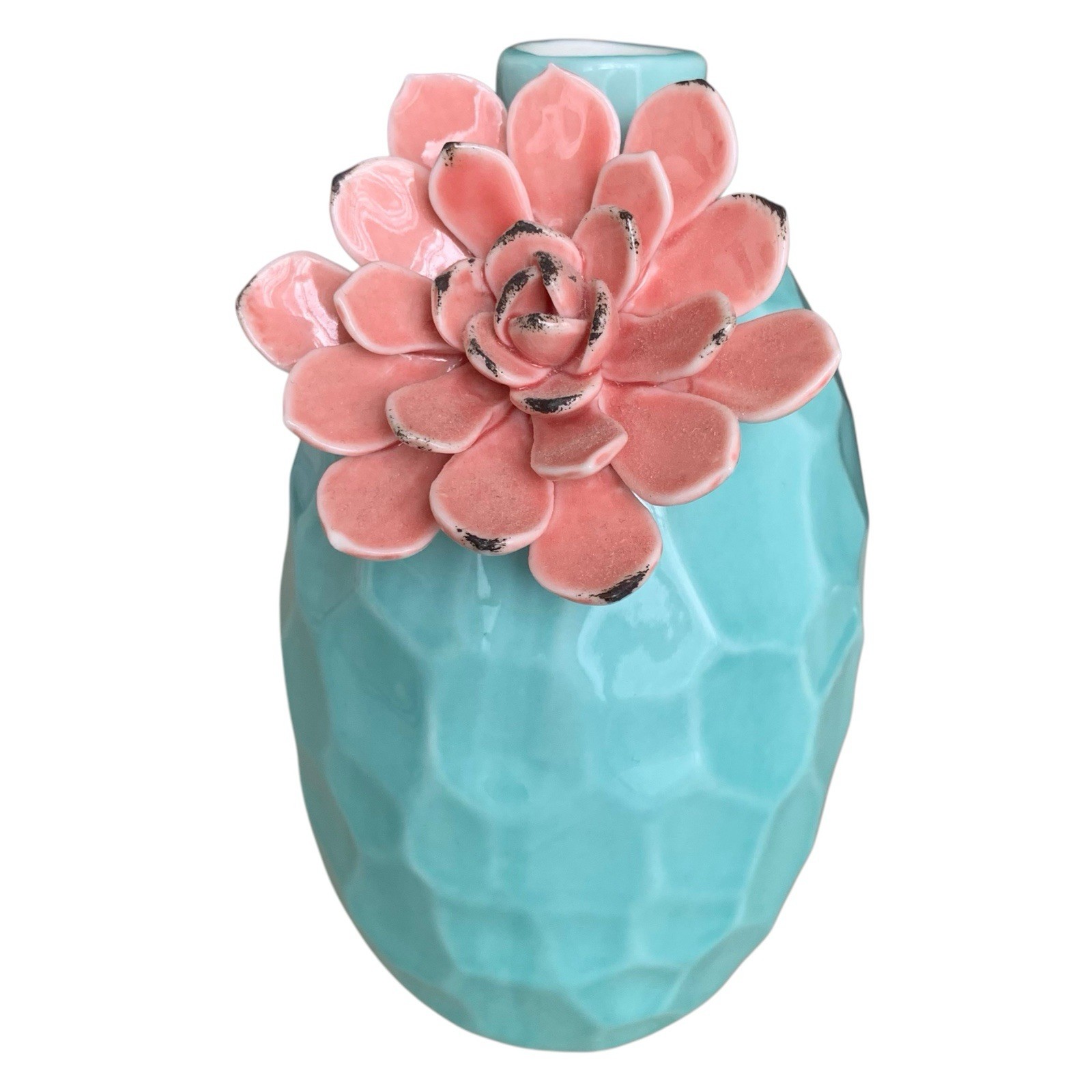 Turquoise Blue & Pink Ceramic Modern Spring Dahlia Flower Vase 6″ Height EUC
