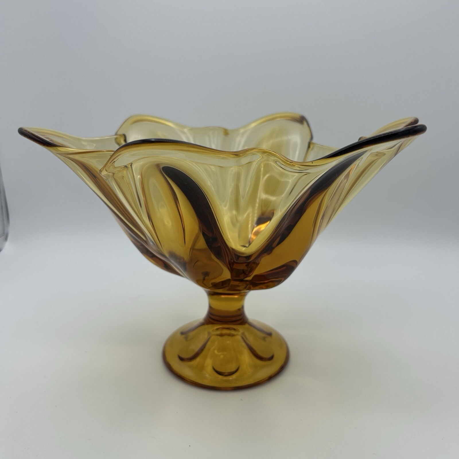 Viking Glass Amber Swung 6 Petal Pedestal 7 x 10.5 Handkerchief Footed Bowl MCM