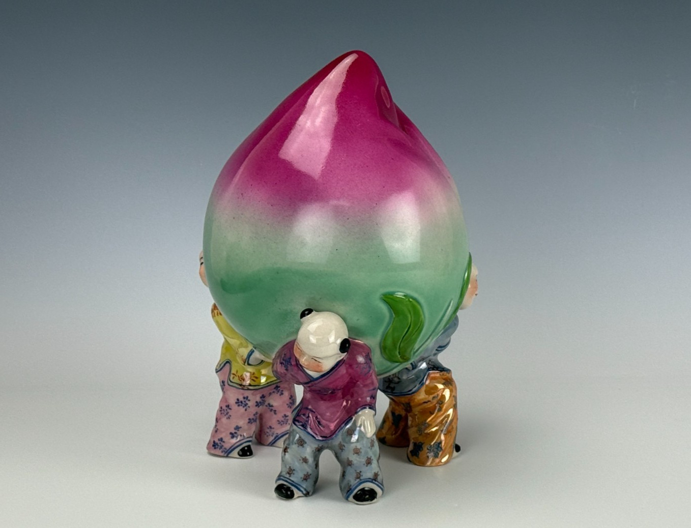 Vintage Pair Chinese Famille Rose Longevity Peach Figurine Support by Three Boy