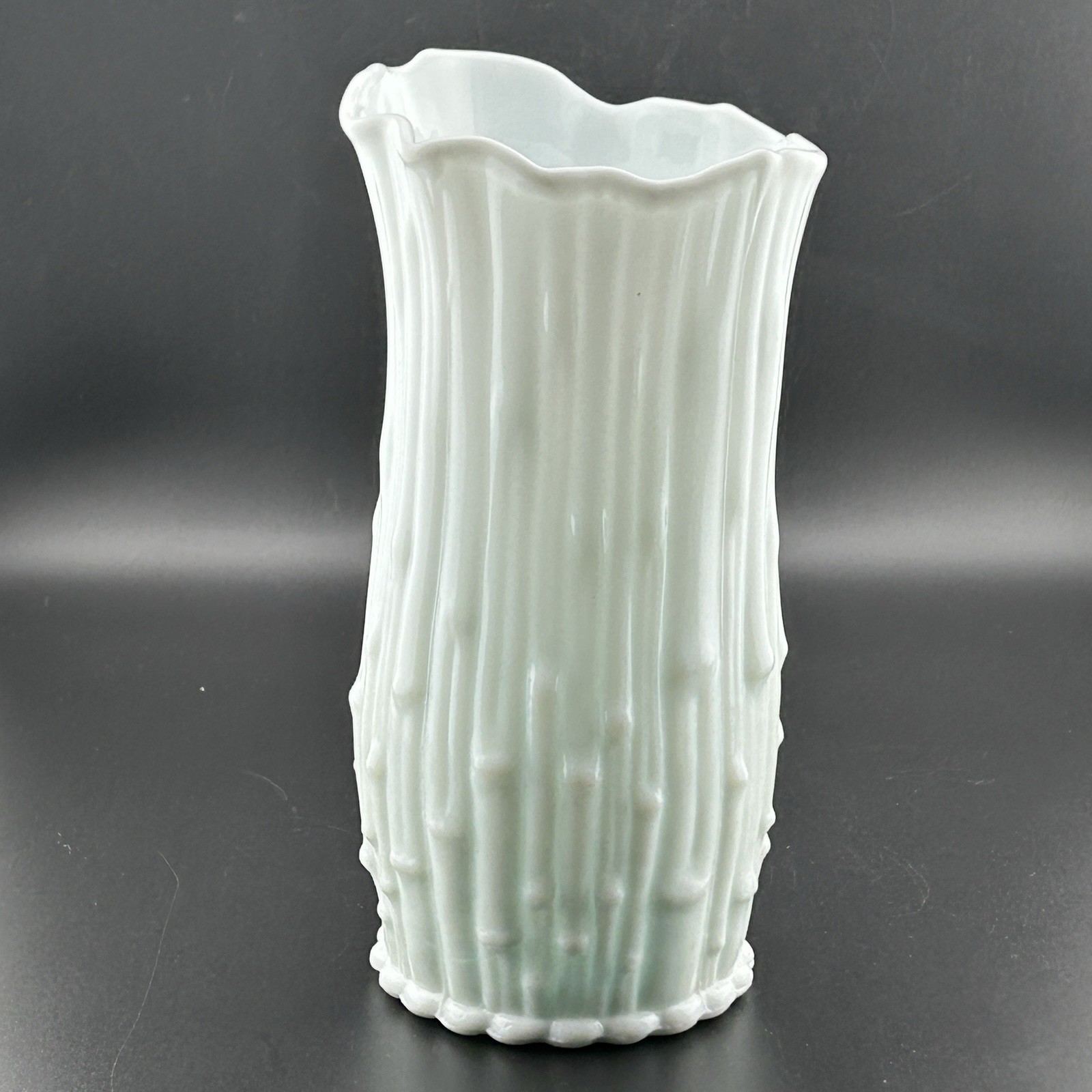 Italian Milk Glass Bamboo Vase Scalloped Rim 8″ Icy Blue Tint 60s VTG