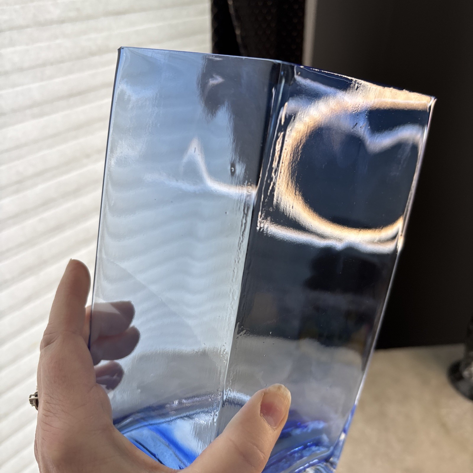 Tall Sapphire Blue Art Glass Rectangular Base Is Clear /Vintage 9-1/8″ Tall