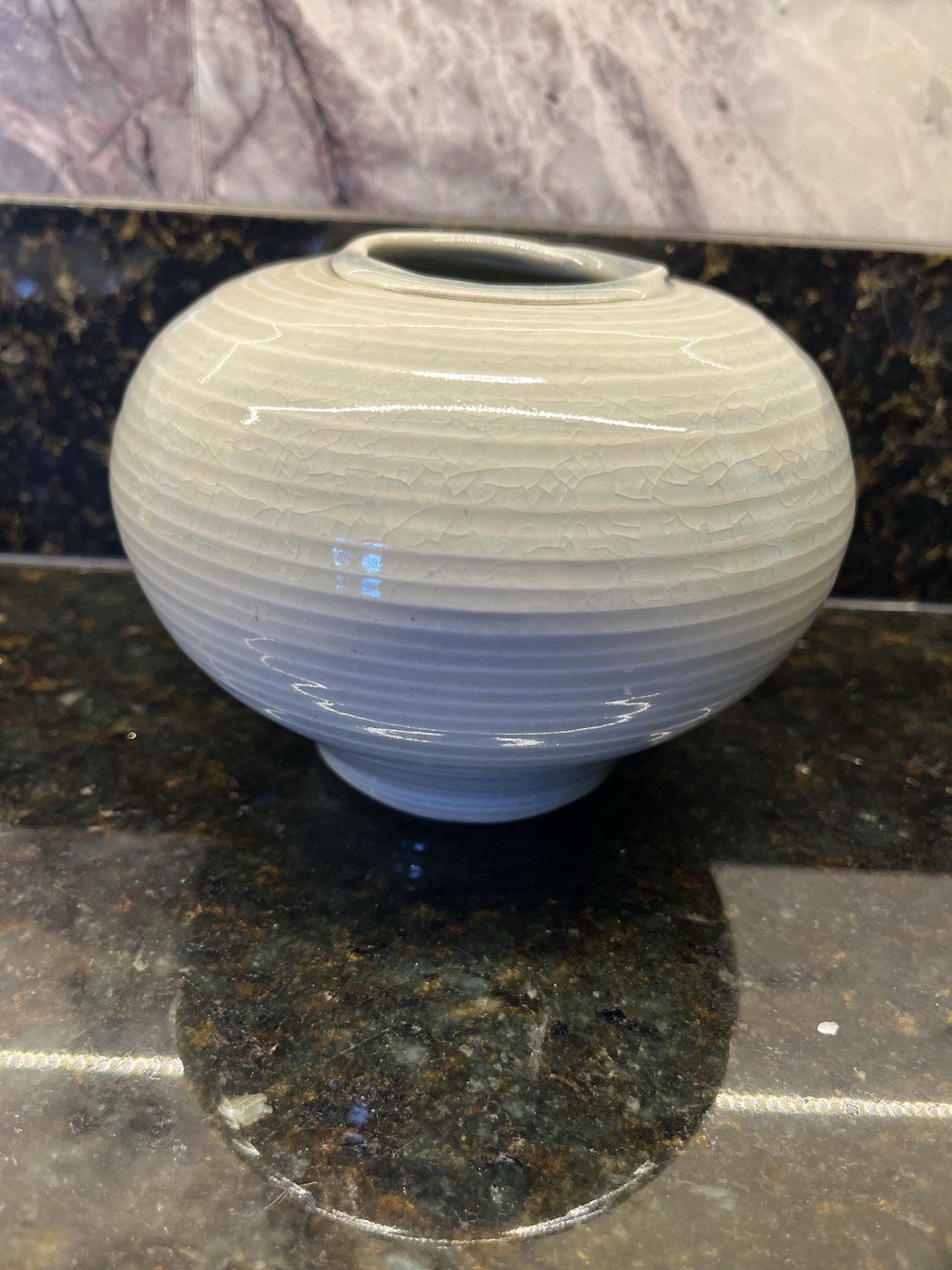 Signed Studio Pottery Hand Thrown Stoneware Round Vase Crackle Glaze 3.5” Tall