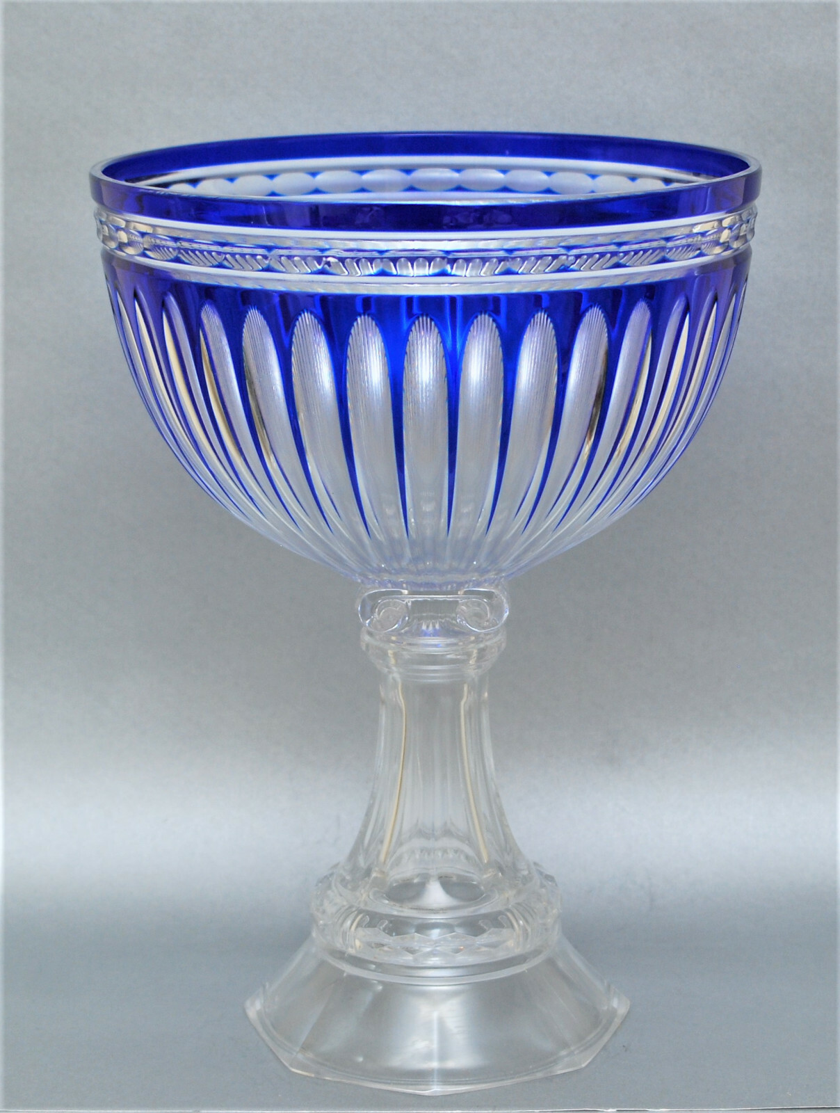16″ OLD WILLIAMSBURG COBALT CUT CLEAR COMPOTE DESIGN GUILD POLAND LEAD CRYSTAL