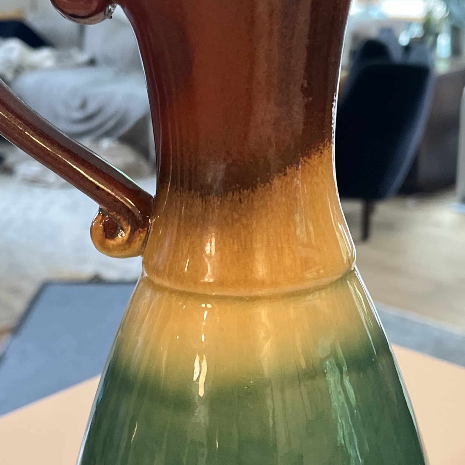 Brown & Blue Drip Glaze Pitcher Vase Mid-Century 14”
