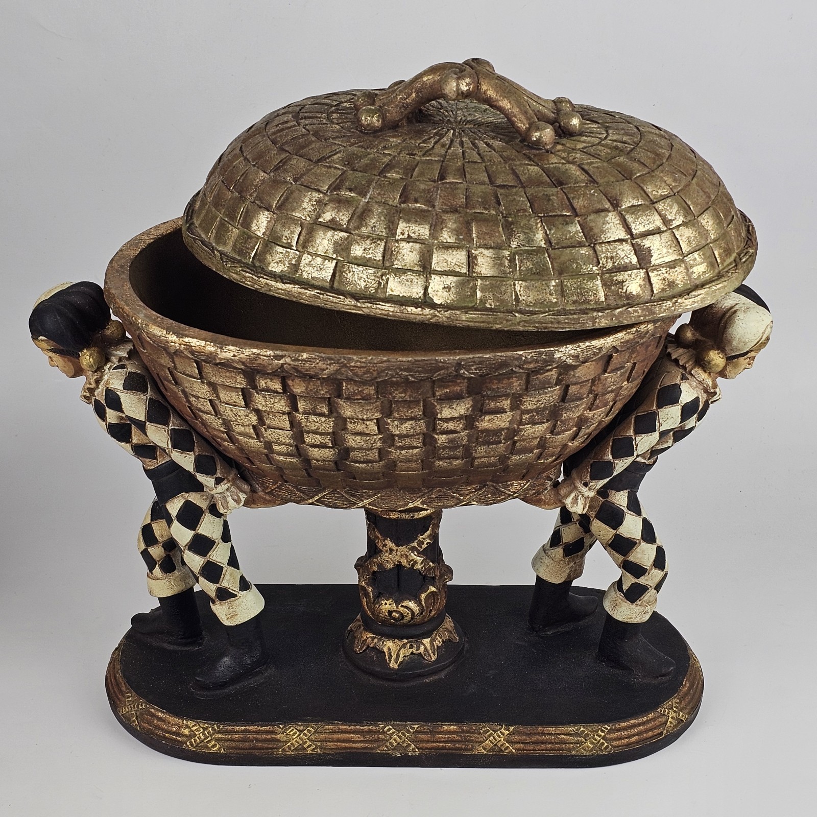 Vintage Harlequin Figural Ceramic Lidded Container Gold Trinket Basket Venetian