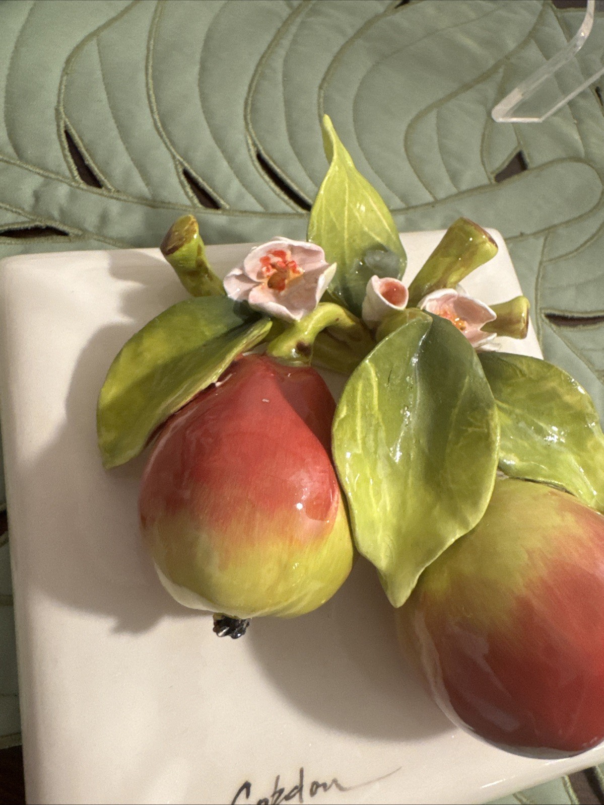 Eva Gordon Ceramic Floral Fruit Wall Art 3-D Tile 6”x 6”- Maroon and Green READ