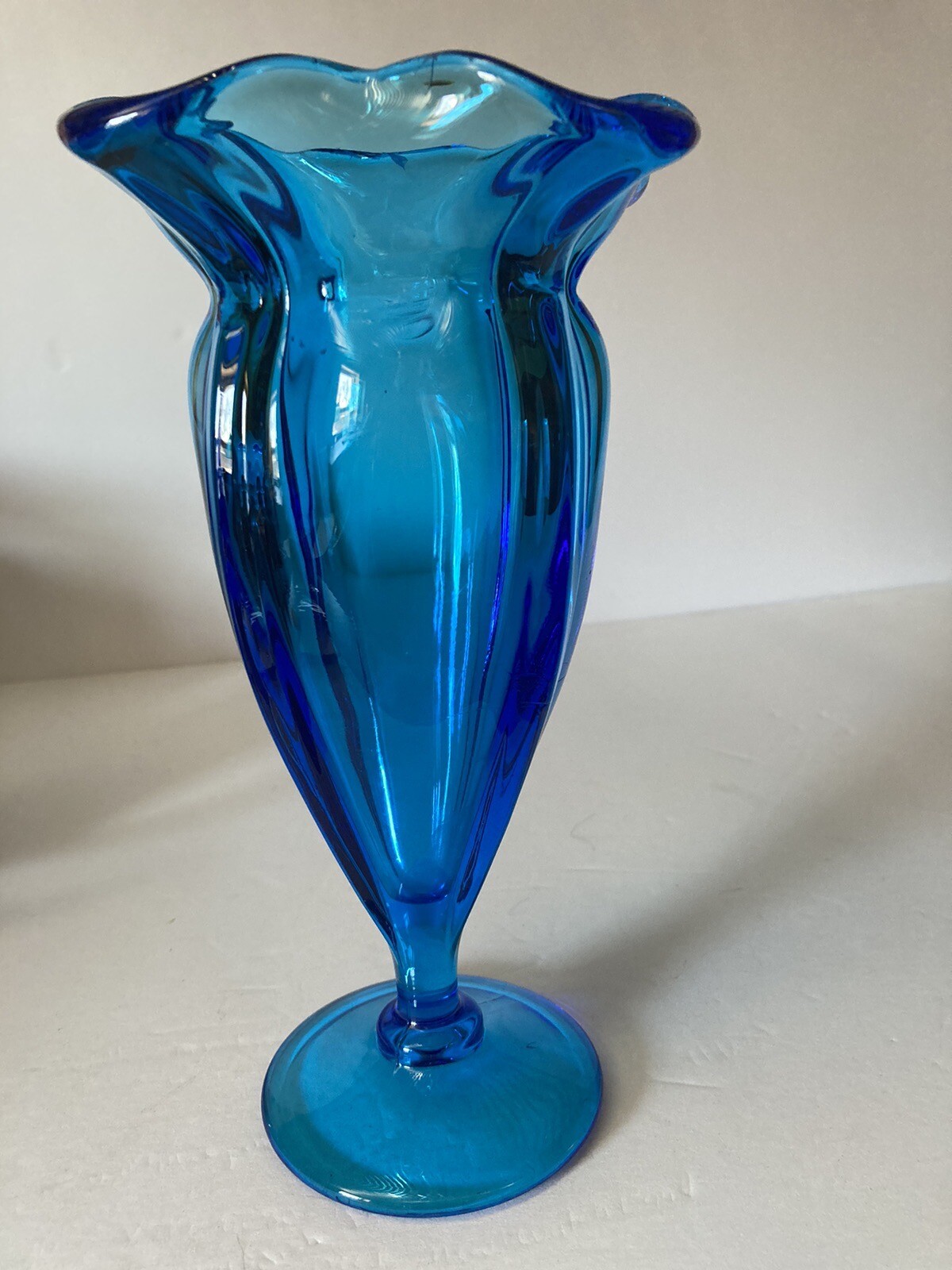 Vintage Optic Rib Blue Blown Glass Vase Four Edge Turnip Ruffled Edge 9 Inches