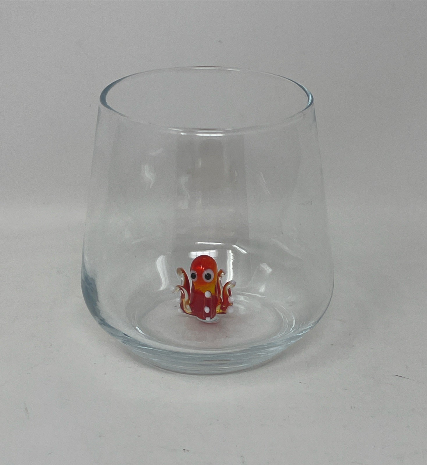 Drinking Glass Octopus Orange Hand Blown Stemless Wine Tiny Animals Unused