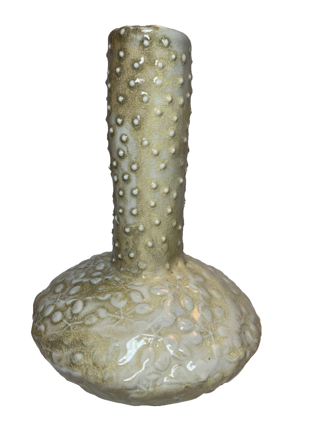 Signed Studio Pottery Textured Dot Floral Vase Organic Vtg Modern Crackle Glaze
