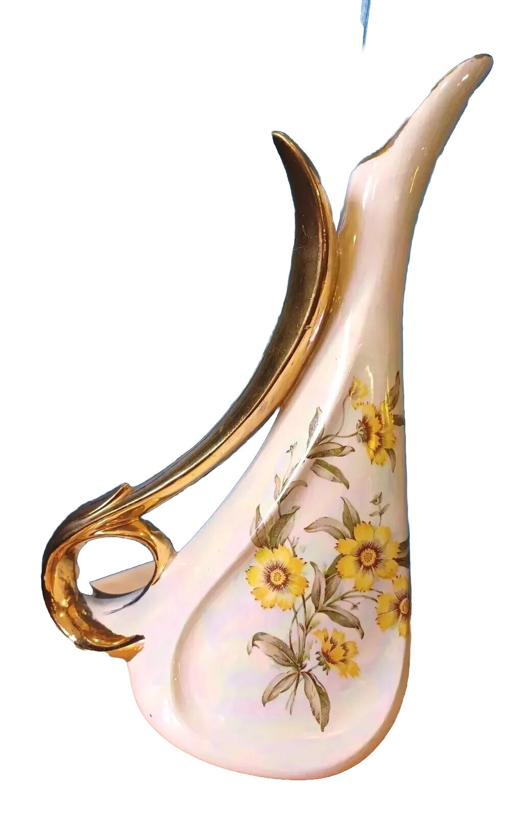 VINTAGE OPAL LUSTERWARE FLOWERS CERAMIC GOLD HANDLE VASE ART POTTERY MCM 12.5″