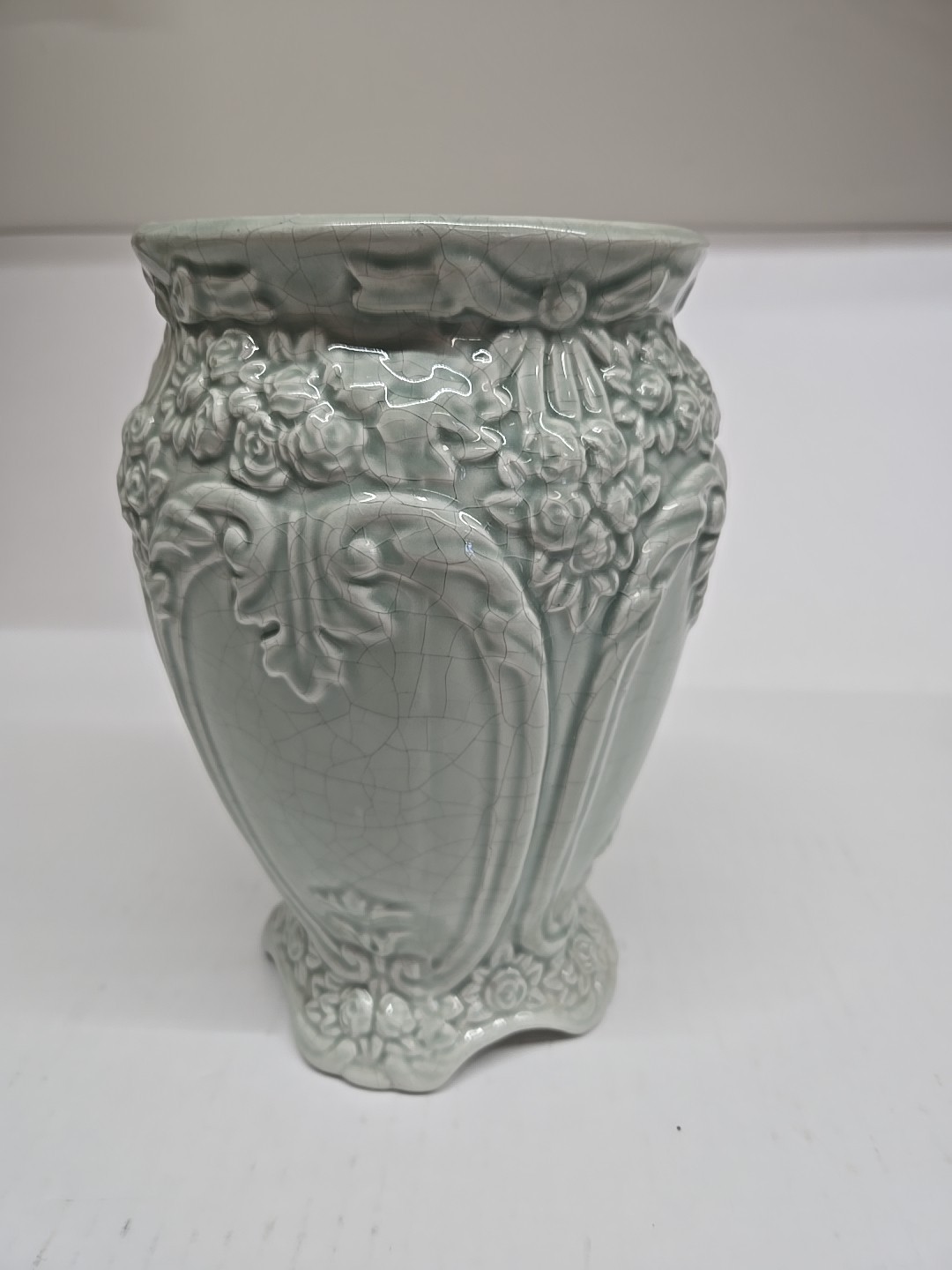 ARDCO Pottery Sage Green Embossed Floral Vase – 9″ Tall.
