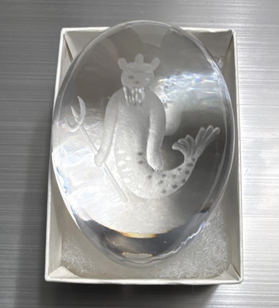 Vintage Lead Crystal Paperweight Etched Sea Monster Mythical Creature Art, C11