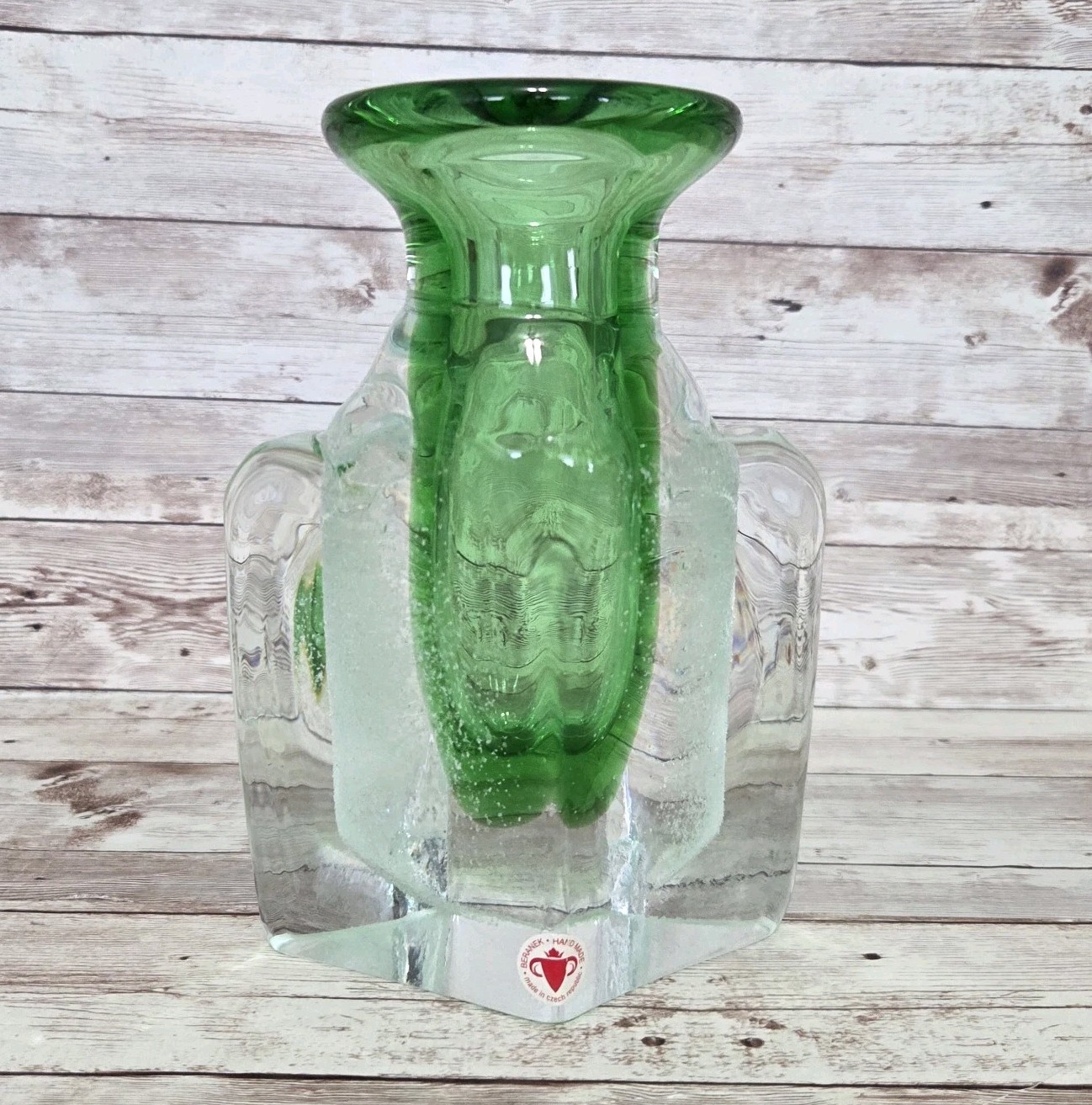 Atelier Beranek Petr Hora Czech Art Glass Vase #8618/20 Green With White Specks