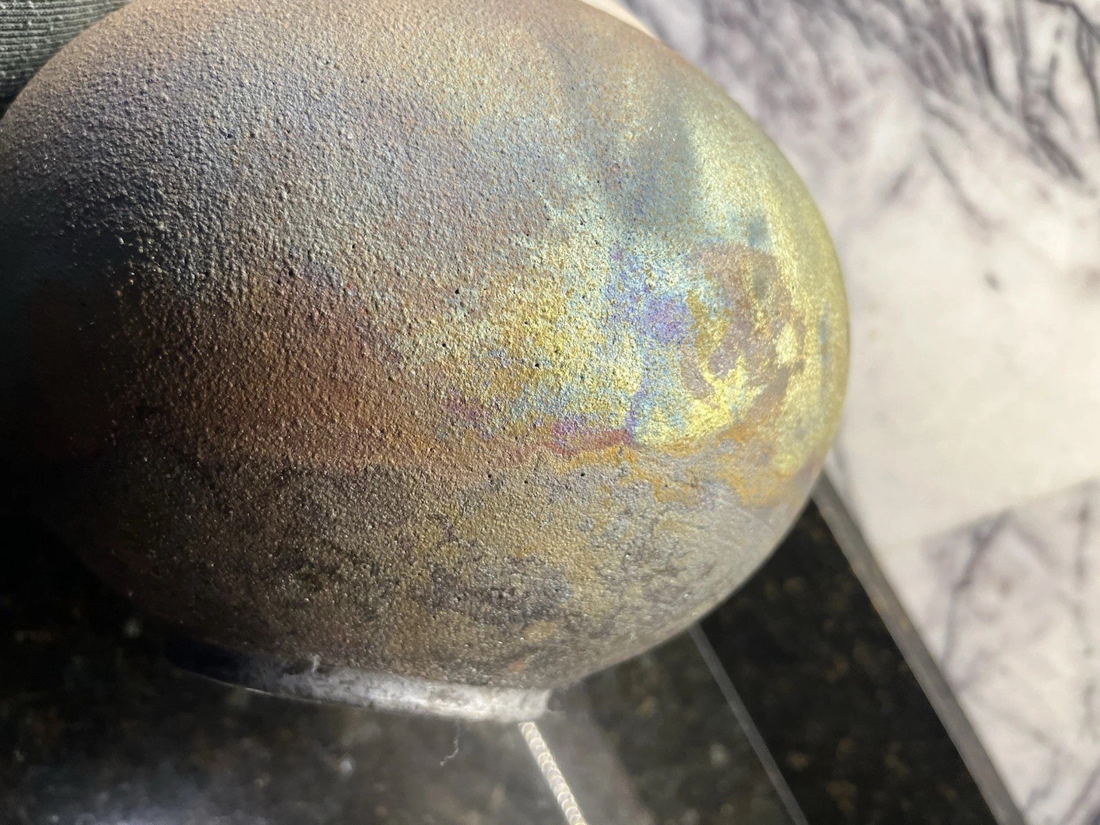Raku Pottery Pot Iridescent Glaze 6”Hx8.5”W Signed By Artist Samuels