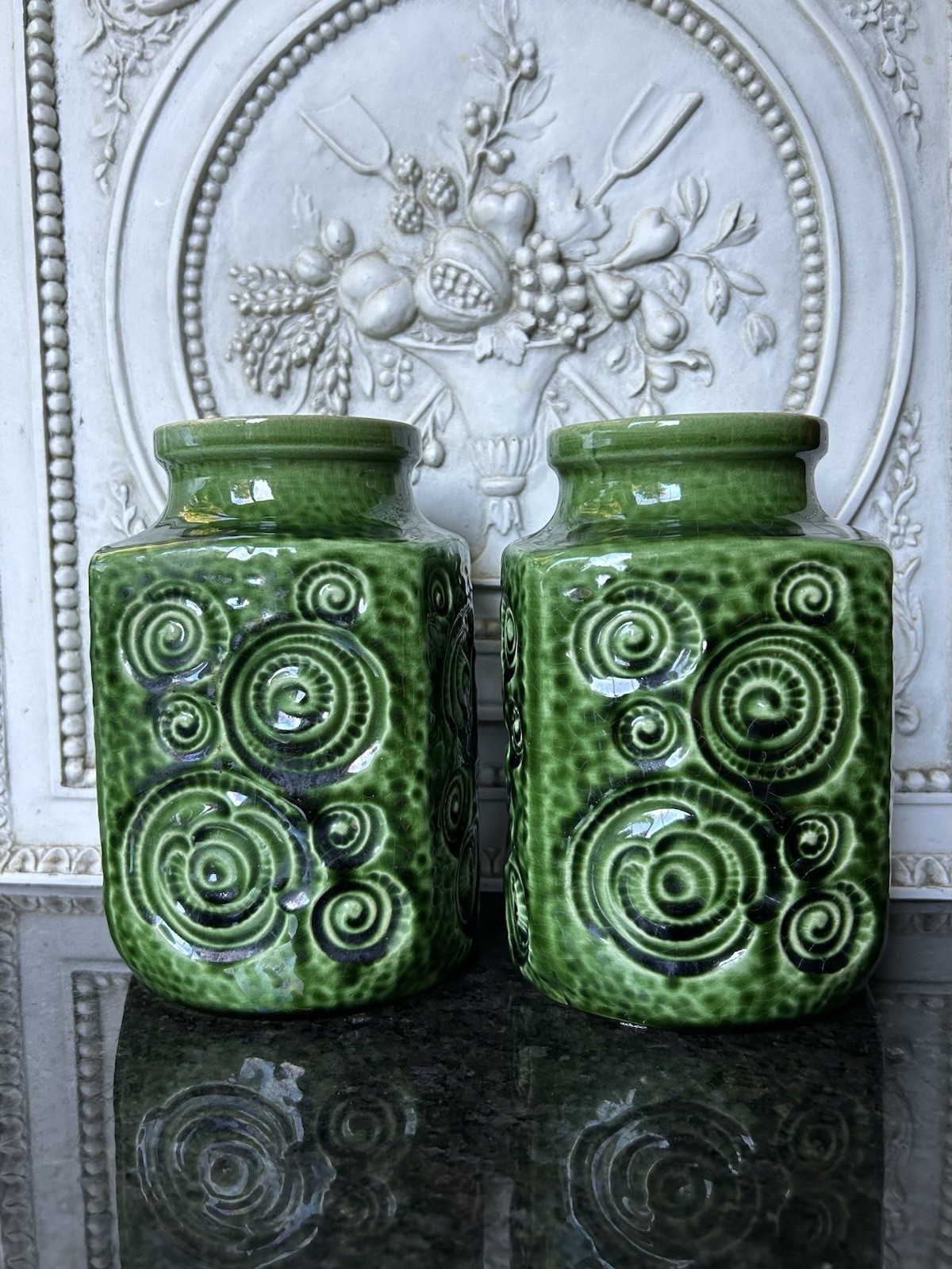 Vtg Scheurich Jura Vase Set 2 Green W Germany Art Pottery 1970’s Excellent