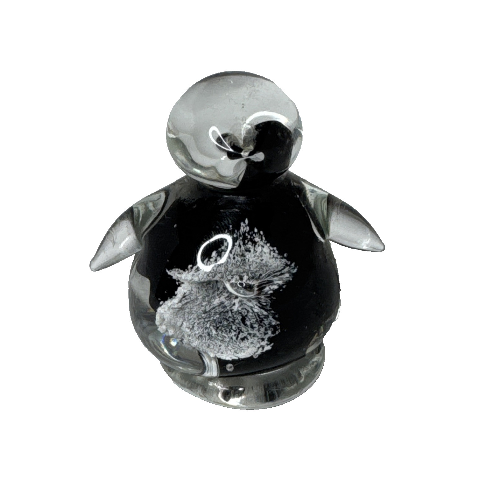 Chubby Penguin Figure Vintage Blown Art Glass Paperweight Clear Black White 2.25